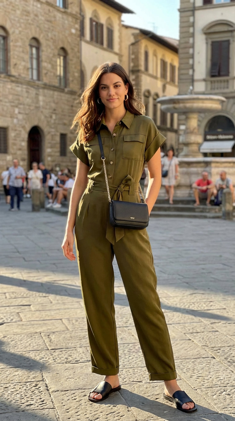 Stylish Venetian Canal Cruise: Italian Summer Outfits 2024 A stylish and comfortable Italian summer outfit consisting of an olive green utility jumpsuit, black flat slide sandals, a black crossbody bag, and gold hoop earrings, perfect for a Venetian canal cruise.