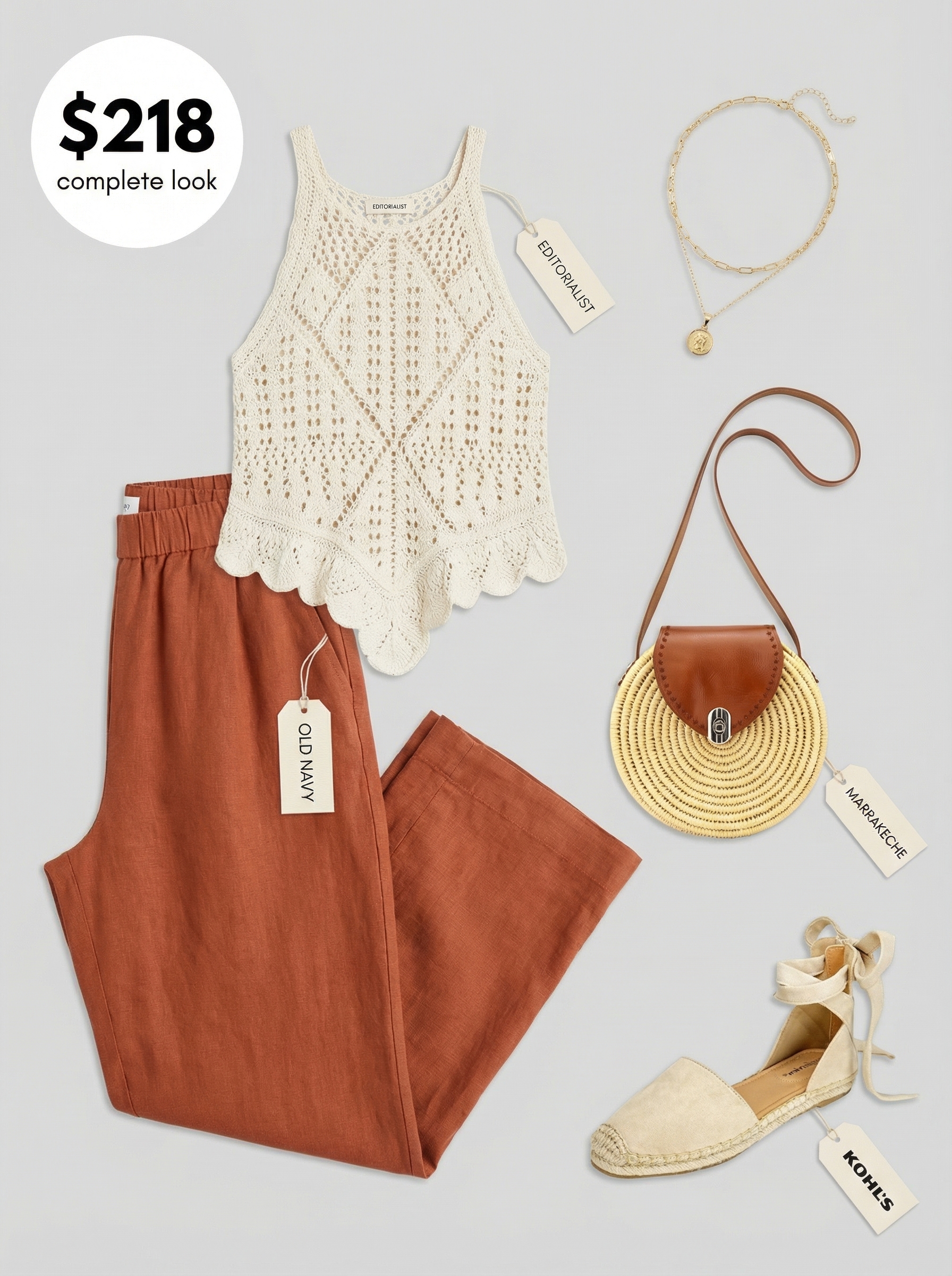 Earthy late summer outfit with a cream crochet knit top, terracotta wide-leg pants, woven espadrille sandals, and layered gold necklaces.