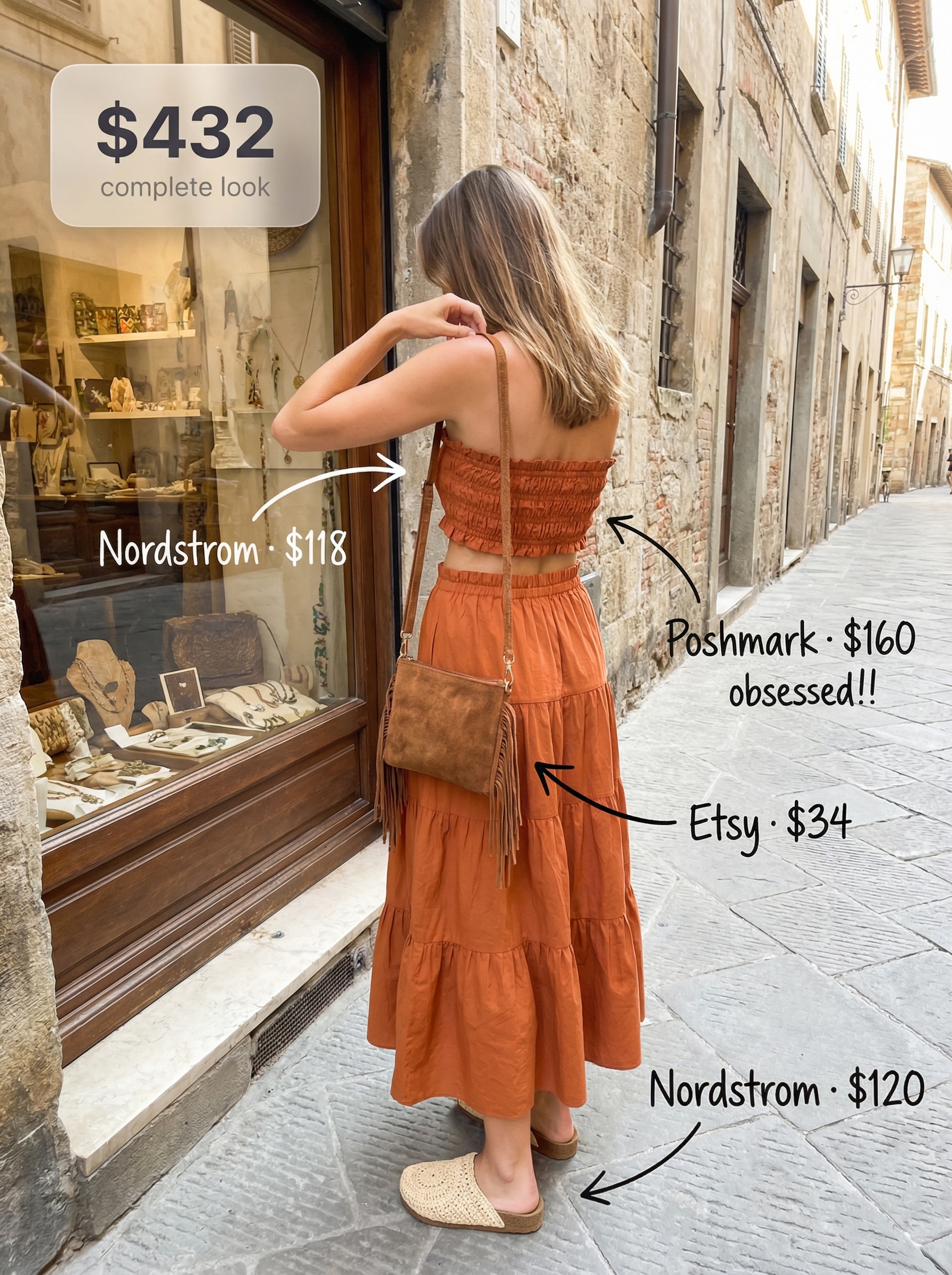 Boho late summer outfits featuring a rust orange crinkle cotton crop top and tiered maxi skirt, perfect for a festival.
