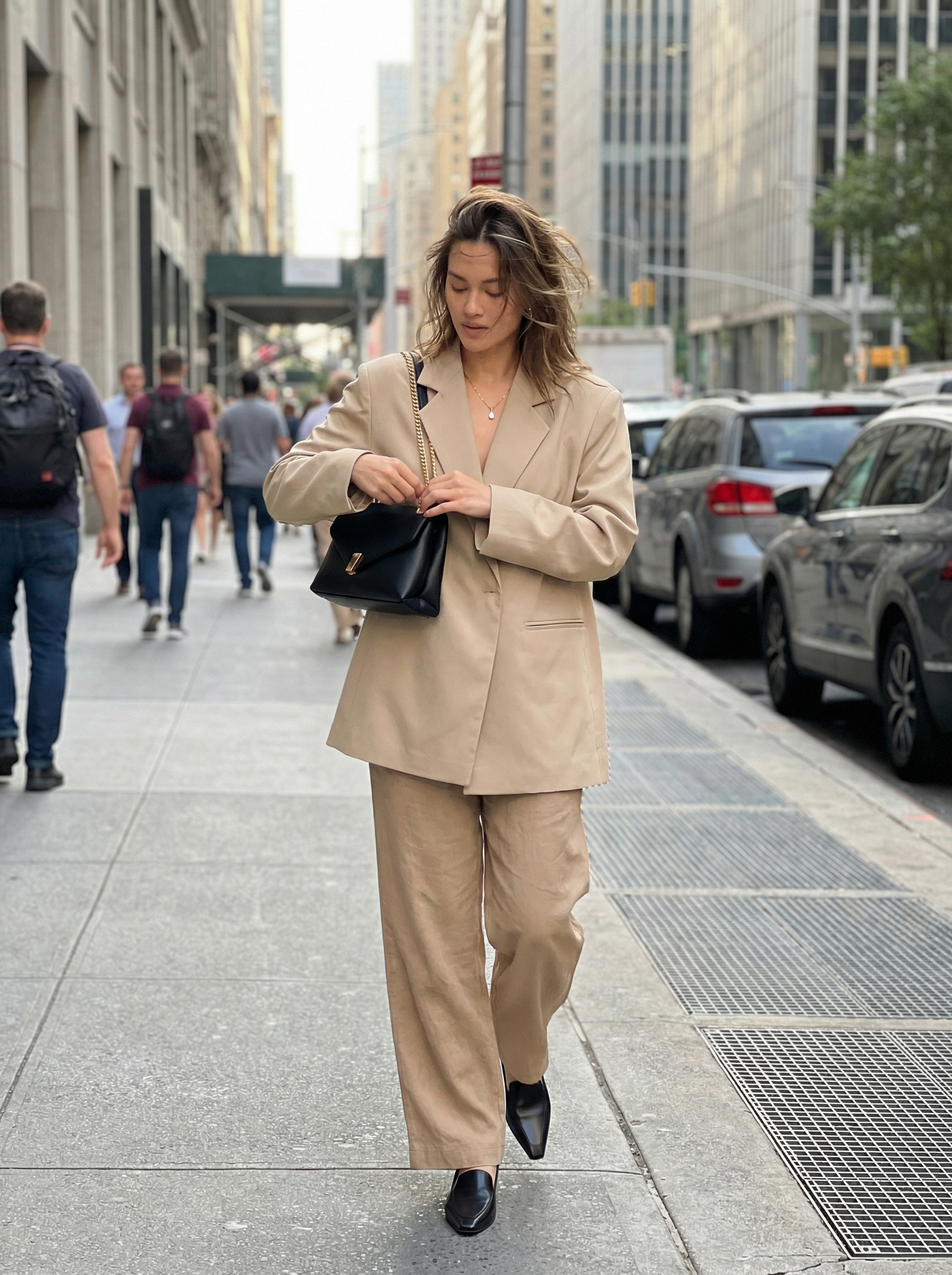 Chic cream linen blend wide-leg trousers, an ivory satin camisole, and a tan oversized blazer, styled with black loafers and a gold pendant, for elegant late summer outfits.