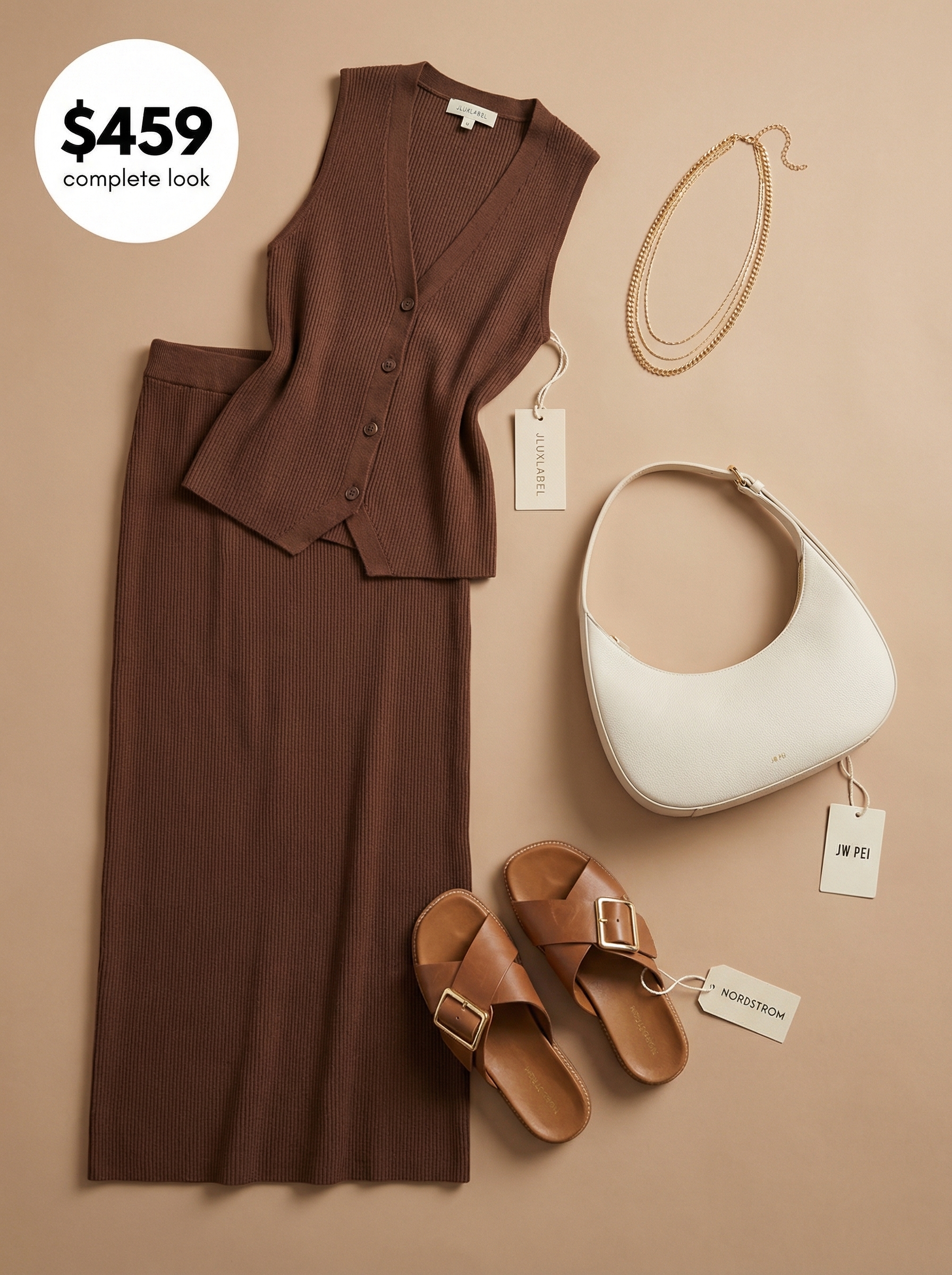 Serene matching knit set late summer outfit in sand beige, with a ribbed tank and midi skirt, brown slide sandals, straw fedora, and layered gold necklaces.