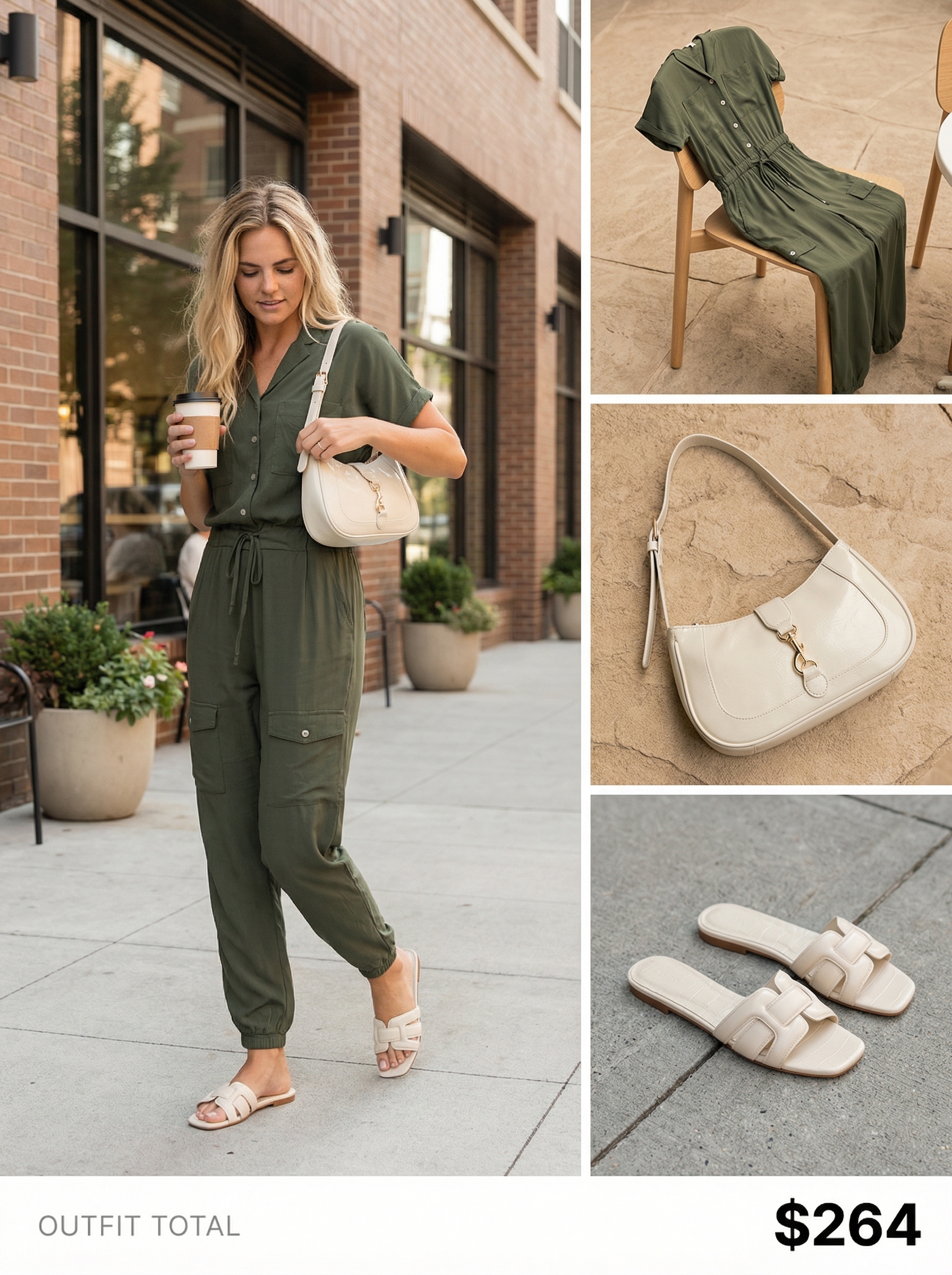 Effortless olive green utility jumpsuit with a relaxed fit, a key piece for modern late summer outfits for travel or errands.