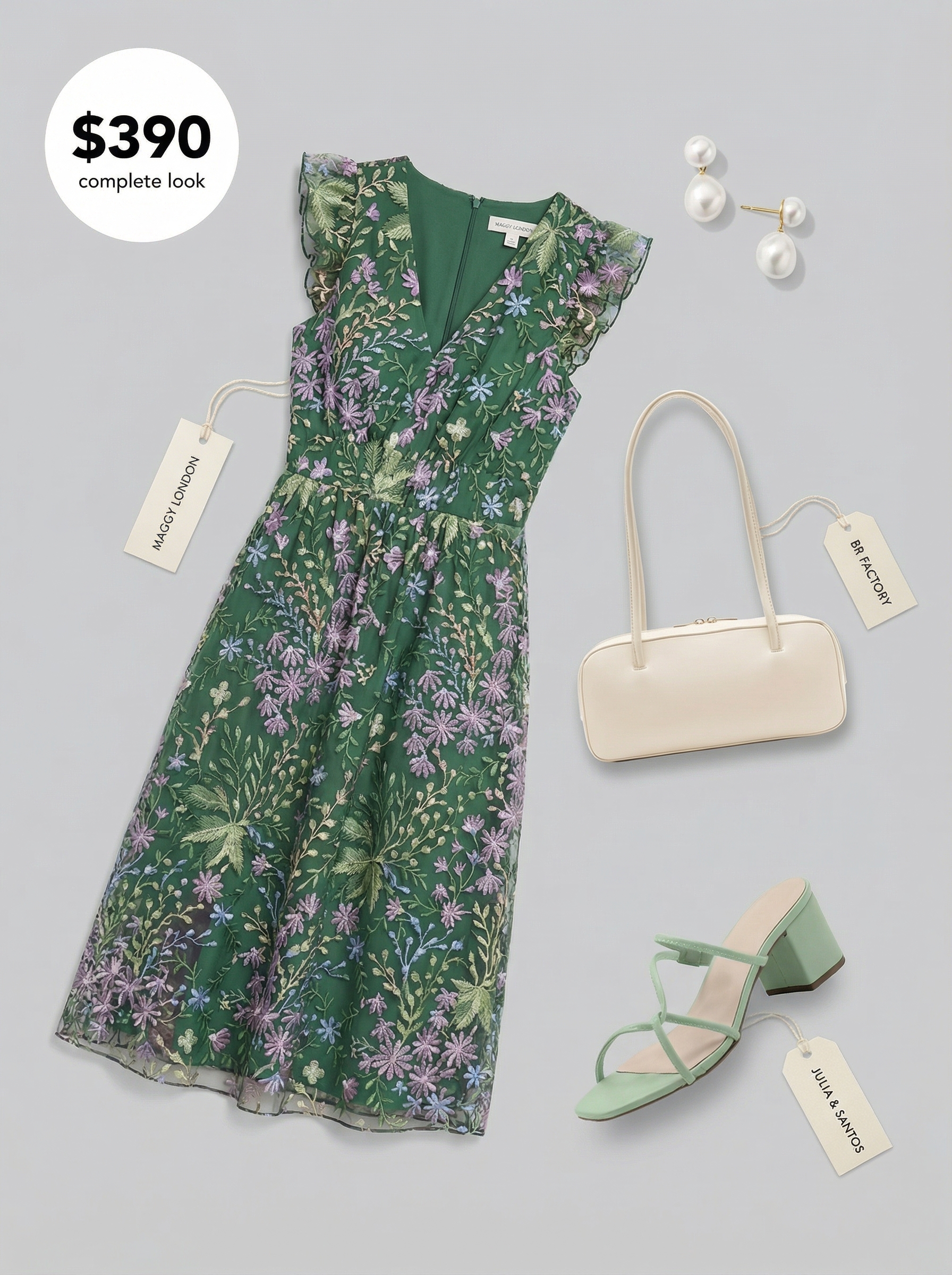 Feminine lavender floral midi dress with ruffle details, paired with pastel mint green block heels and a cream top-handle bag, showcasing lovely late summer outfits for brunch.