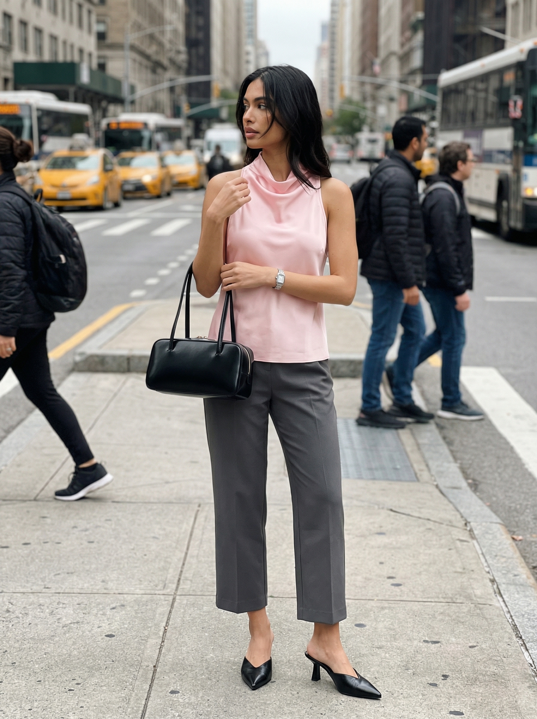 Polished charcoal grey tailored trousers with a blush pink silk blend sleeveless blouse, black pointed-toe mules, and a structured shoulder bag, for chic late summer outfits.