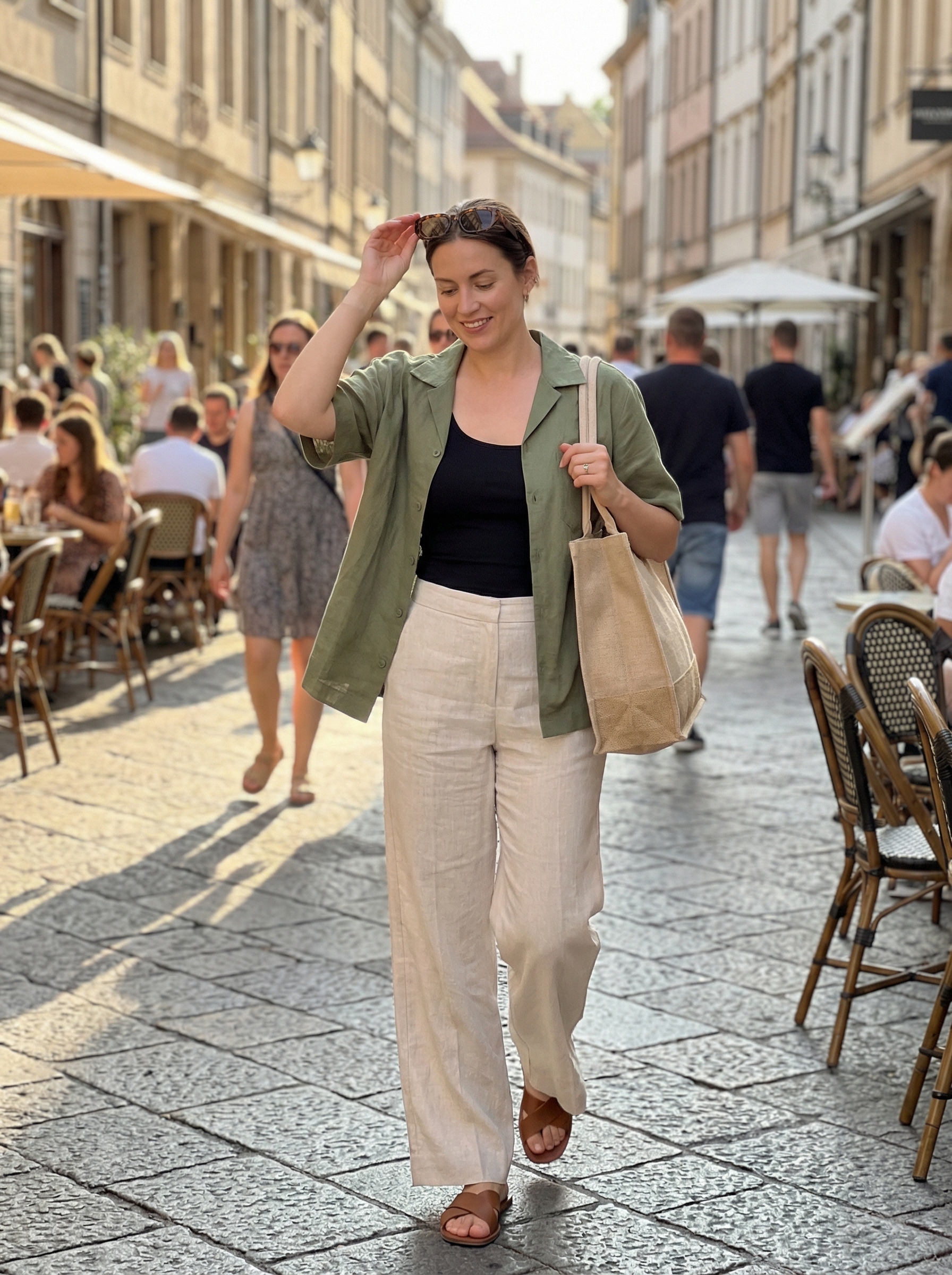 Relaxed ecru linen blend wide-leg trousers with an olive green oversized button-down shirt and brown flat slide sandals, ideal for polished late summer outfits at a resort.