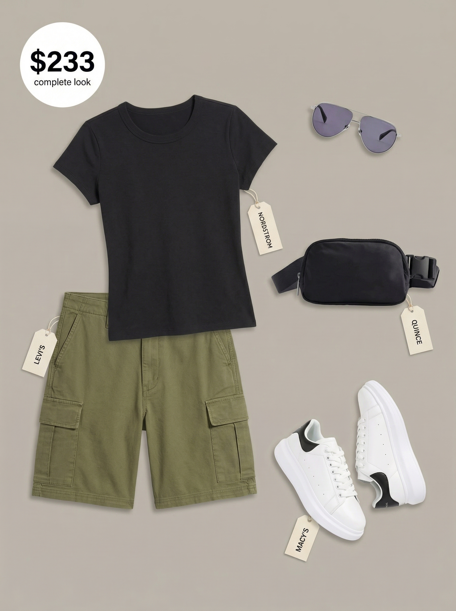 Utility-inspired late summer outfit featuring khaki green cargo shorts, a black t-shirt, chunky retro sneakers, and aviator sunglasses for adventure.