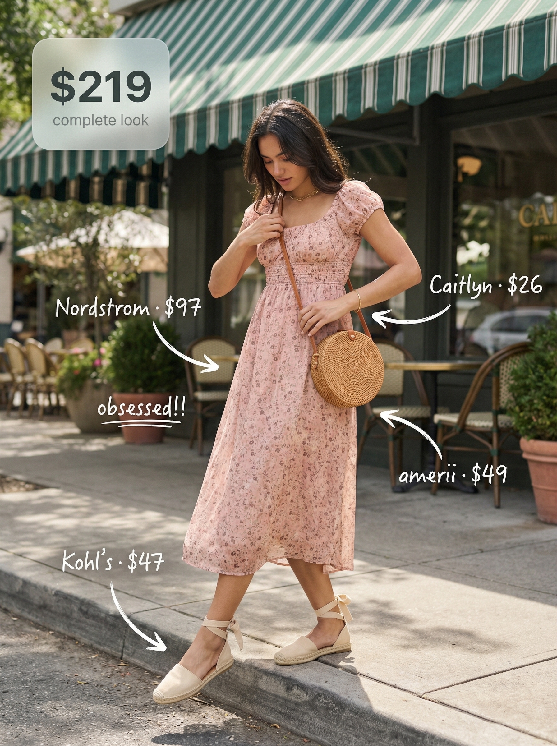 Romantic late summer outfit with a blush pink floral smocked midi dress, espadrille sandals, straw bag, and dainty gold bracelet for a picnic.
