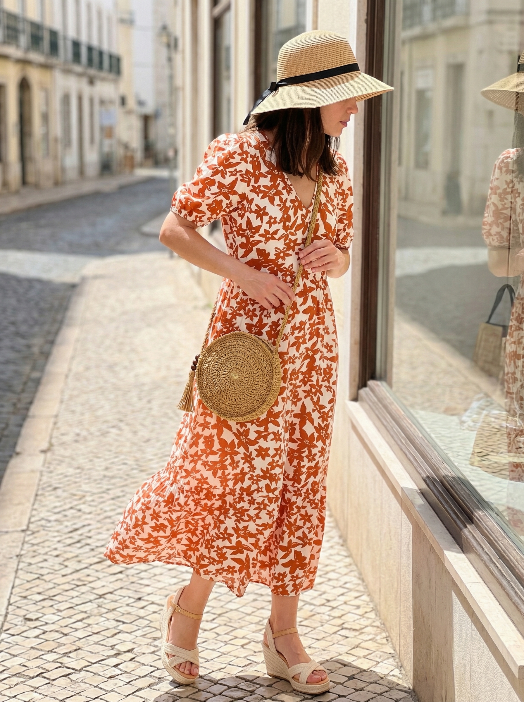 Boho late summer outfit featuring a terracotta floral tiered midi dress, espadrille wedges, a straw hat, and round straw bag for brunch.