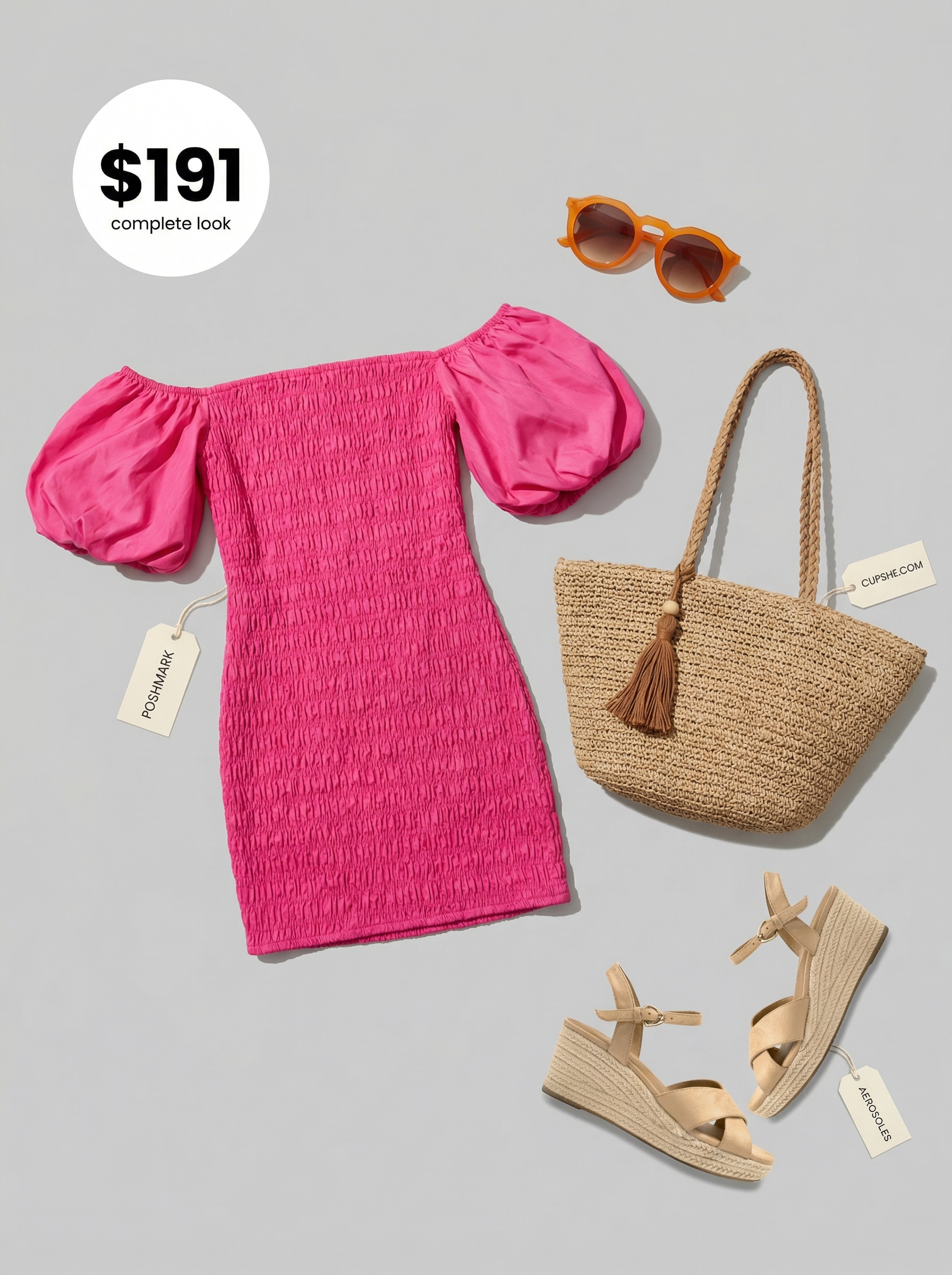Vibrant late summer outfit: fuchsia off-shoulder smocked mini dress, straw tote bag, tangerine sunglasses, and wedge espadrilles for a tropical getaway.