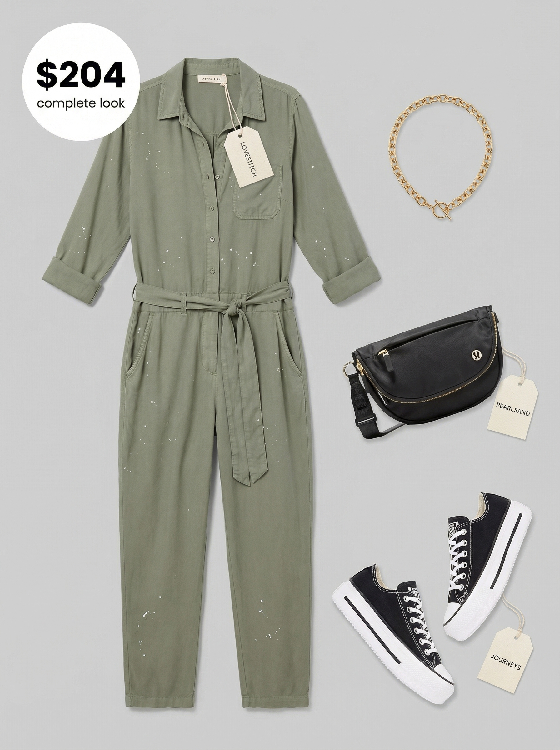 Edgy late summer outfit with an olive green utility jumpsuit, chunky platform sneakers, a black belt bag, and a gold chain necklace for urban exploration.