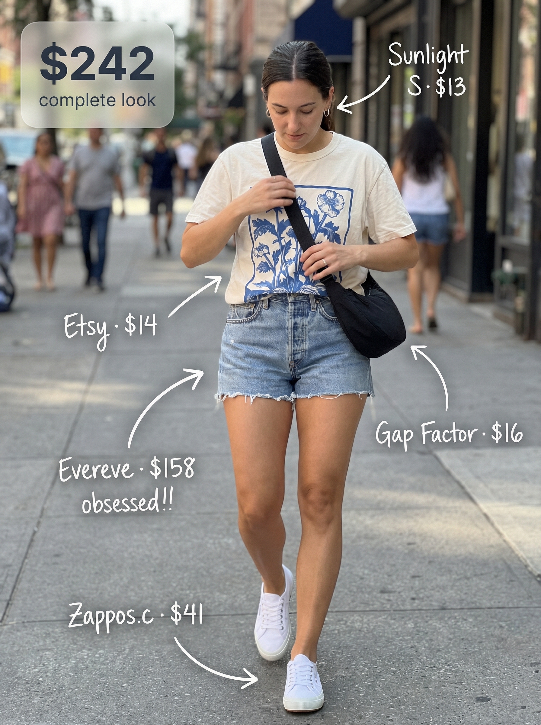 Casual late summer outfit featuring light wash denim cutoff shorts, a relaxed white graphic tee, classic canvas sneakers, and a black crossbody bag, perfect for weekend errands.