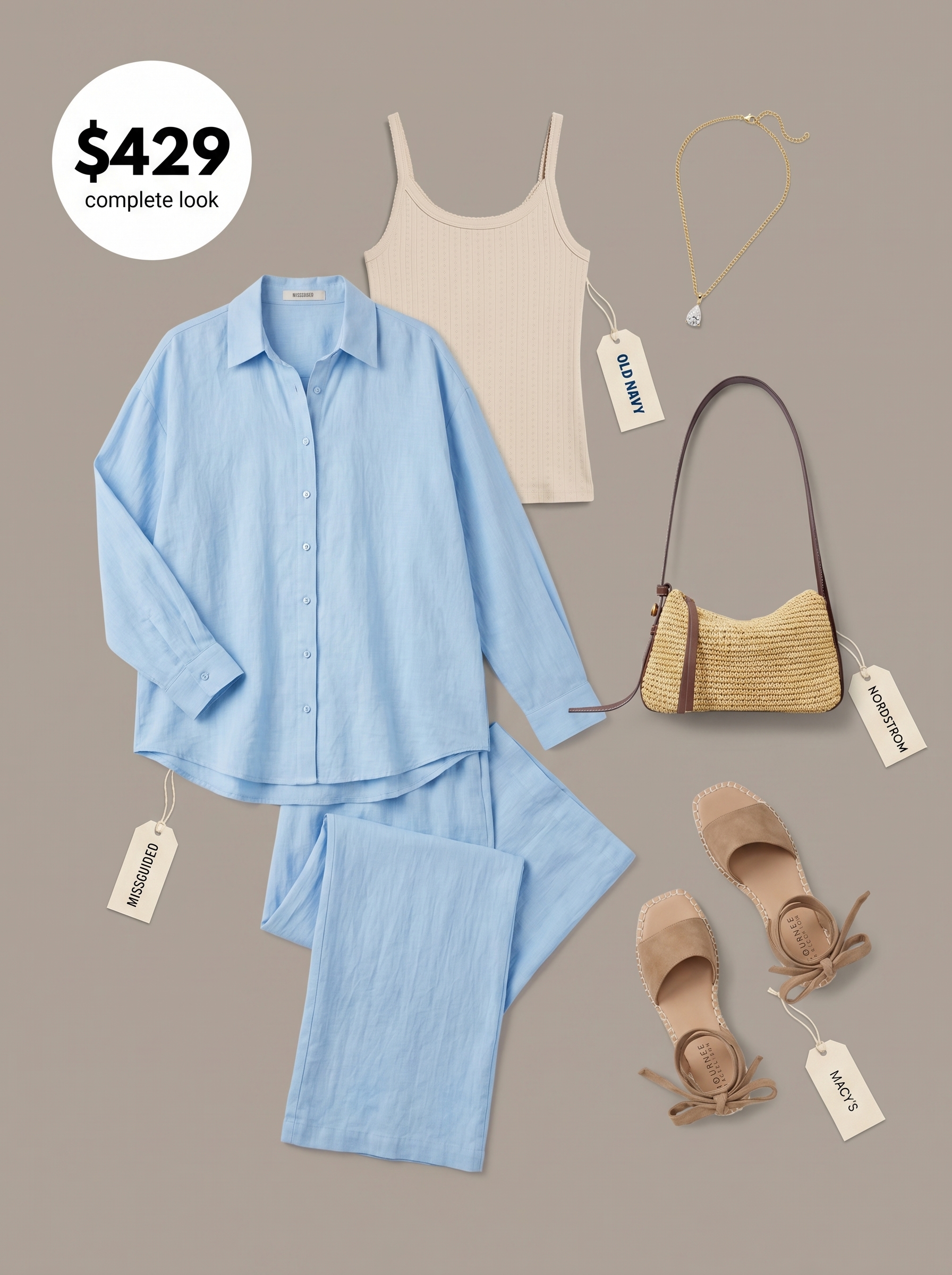 A relaxed yet elegant sky blue linen blend matching set with a cream camisole, perfect for a casual brunch. This light summer color palette 2026 features espadrille sandals and a straw crossbody bag.