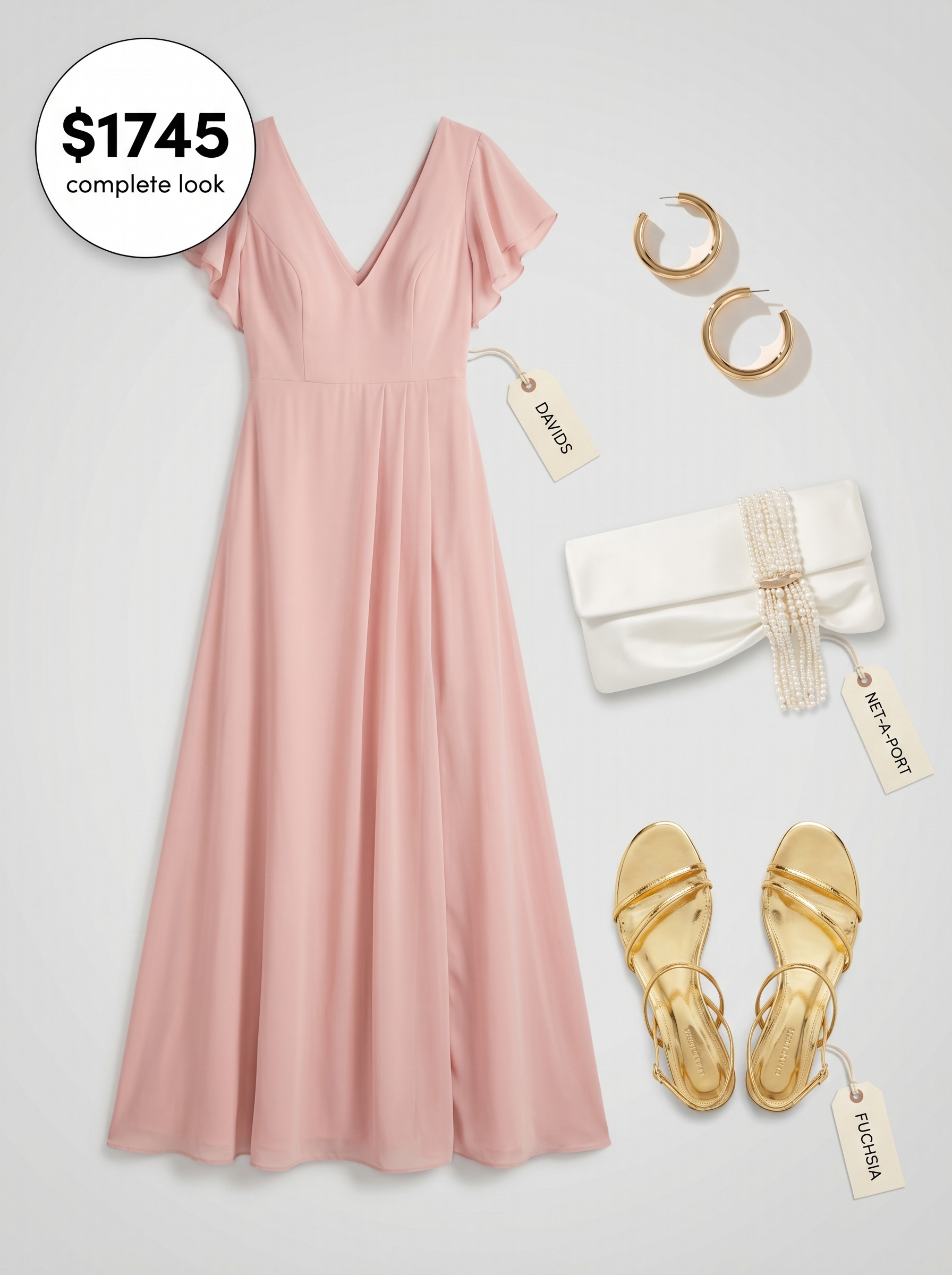 A glamorous blush pink crinkle chiffon flowy maxi dress with a plunging V-neckline, ideal for a resort dinner. This light summer color palette 2026 is accessorized with gold flat sandals.