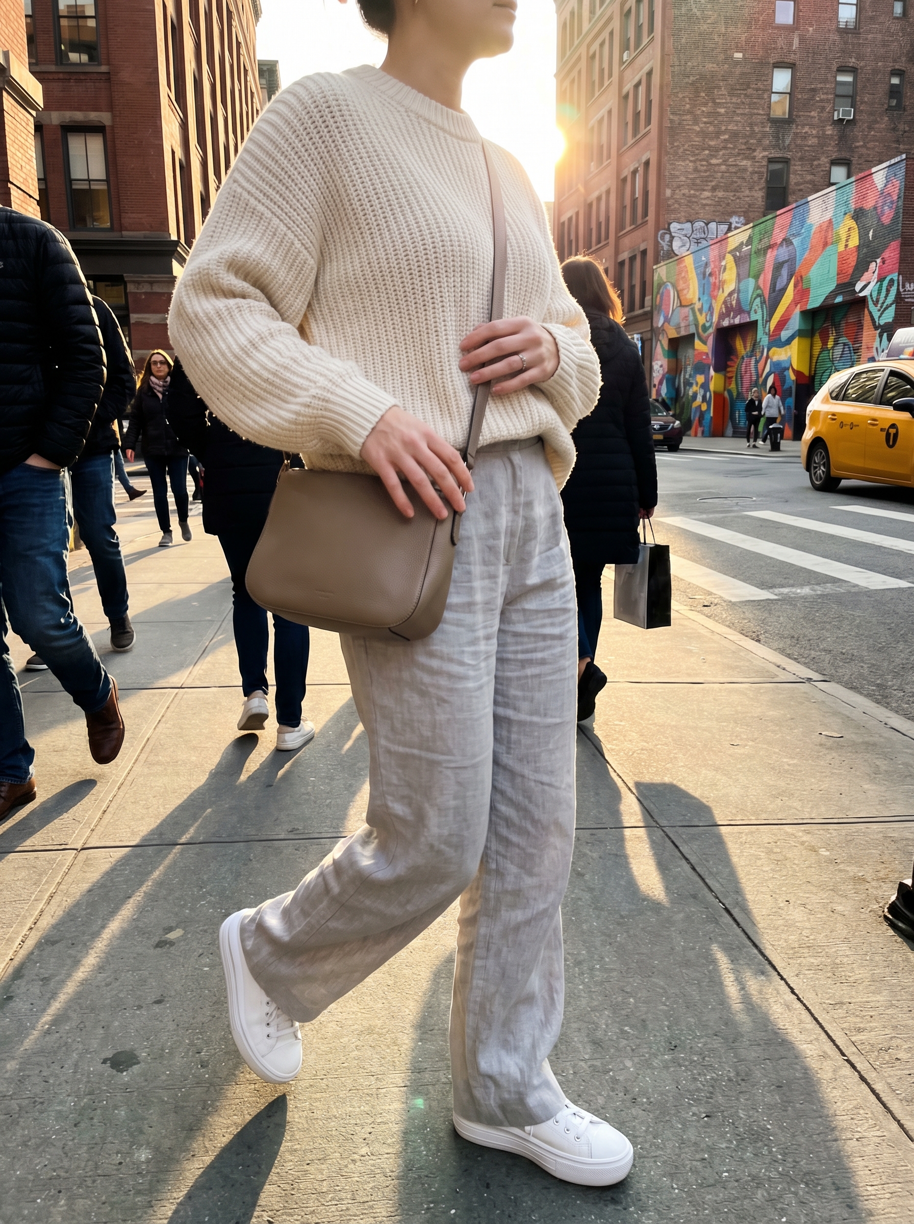 Modern city stroll outfit with light grey tailored straight-leg trousers, a white ribbed tank top, and metallic silver ballet flats, showcasing a light summer color palette 2026. Accessorized with a pewter shoulder bag and light grey knit cardigan.