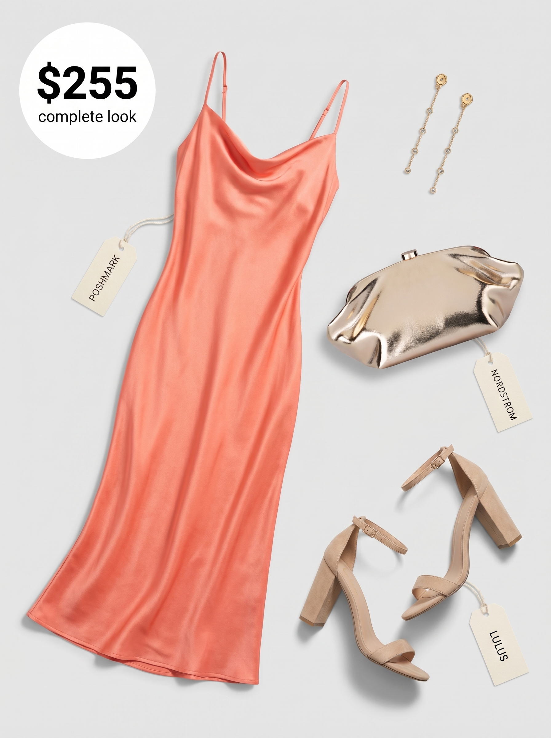 Glamorous coral satin midi slip dress with nude block heels and a gold mini clutch, ideal for a summer dinner party, reflecting a light summer color palette 2026. Dainty gold drop earrings complete the look.