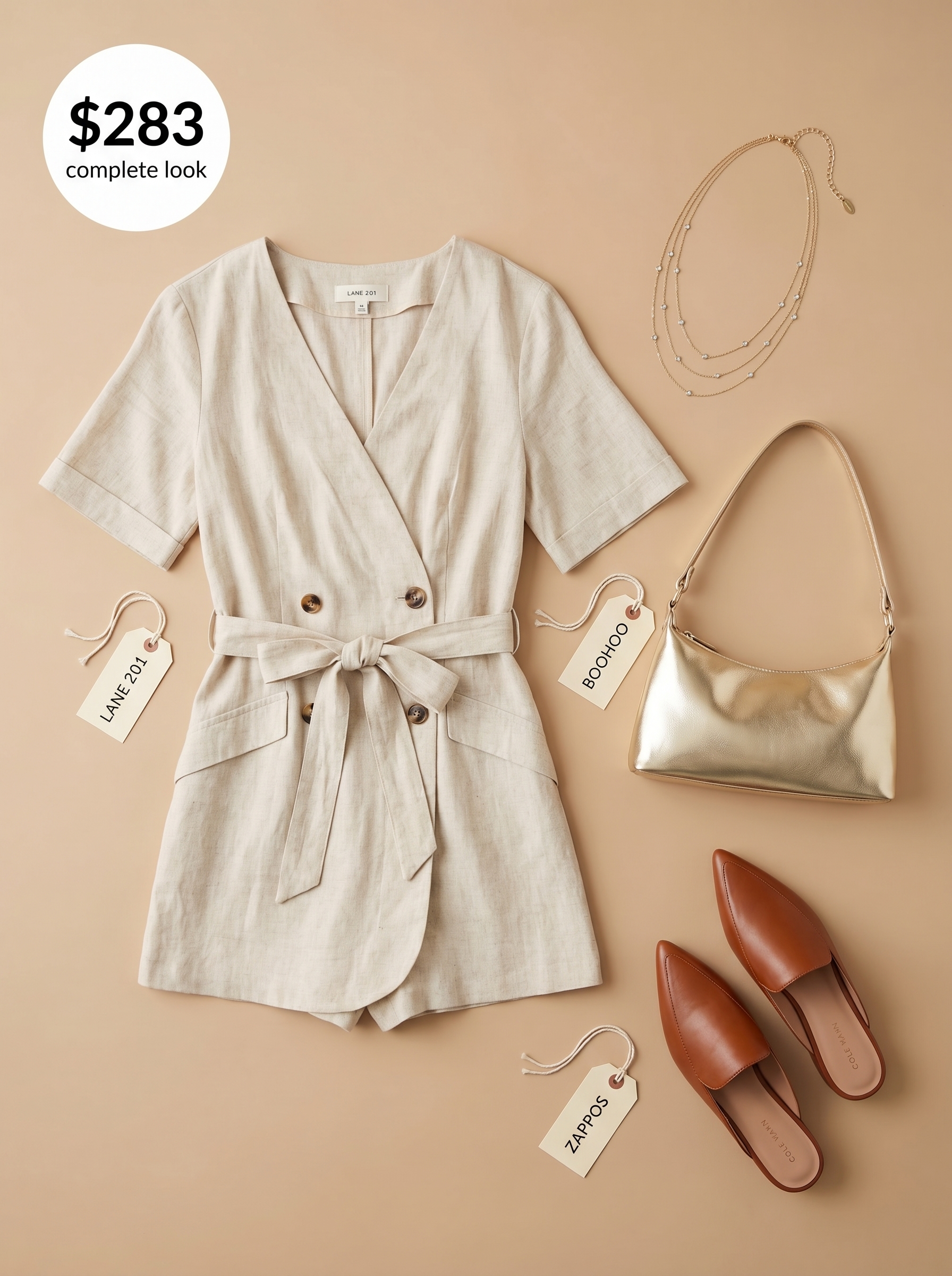 A chic cream linen blend tailored short-sleeve romper with a self-tie waist, perfect for a daytime event. This light summer color palette 2026 includes tan leather mules and a gold chain bag.