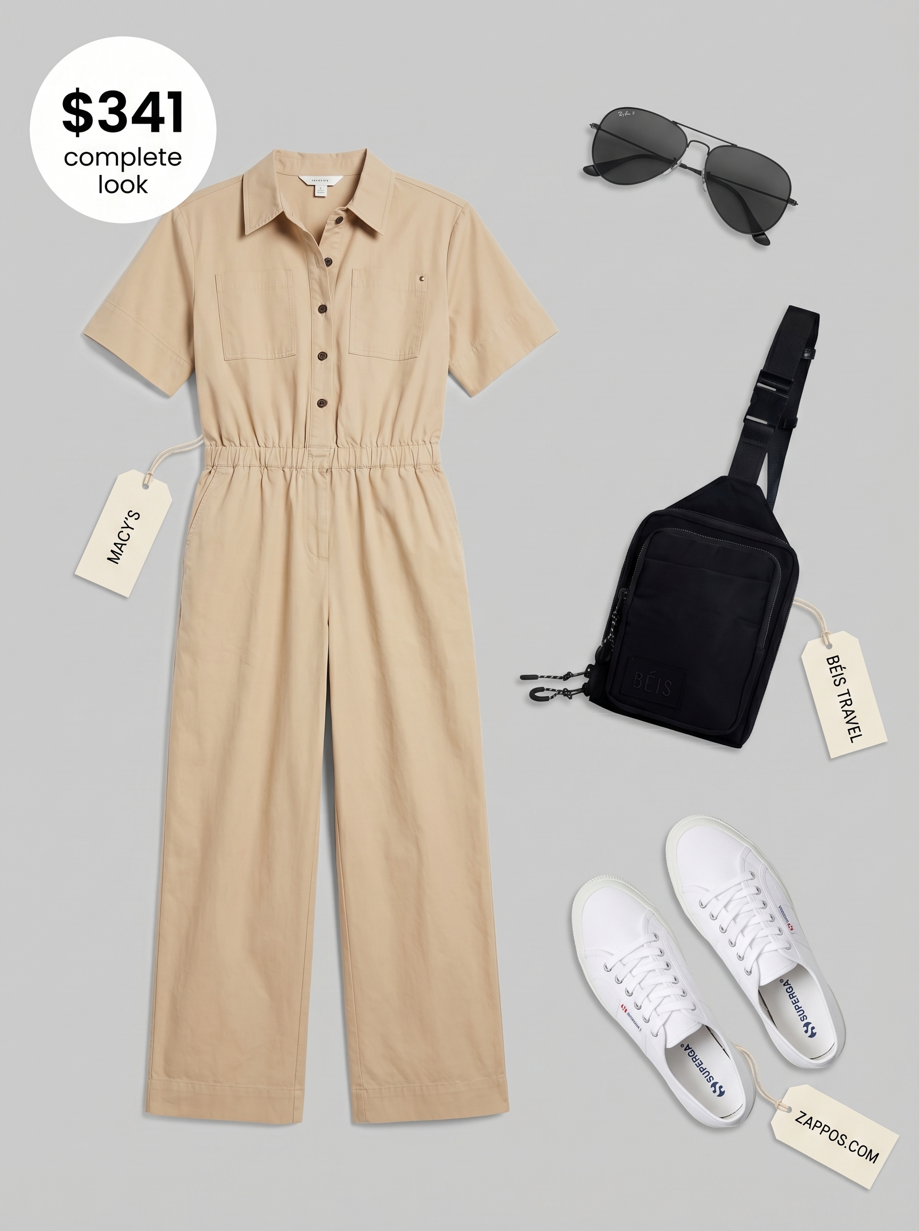 A practical khaki short-sleeve utility jumpsuit with a relaxed fit, paired with classic white low-top sneakers. This light summer color palette 2026 is great for city exploration.