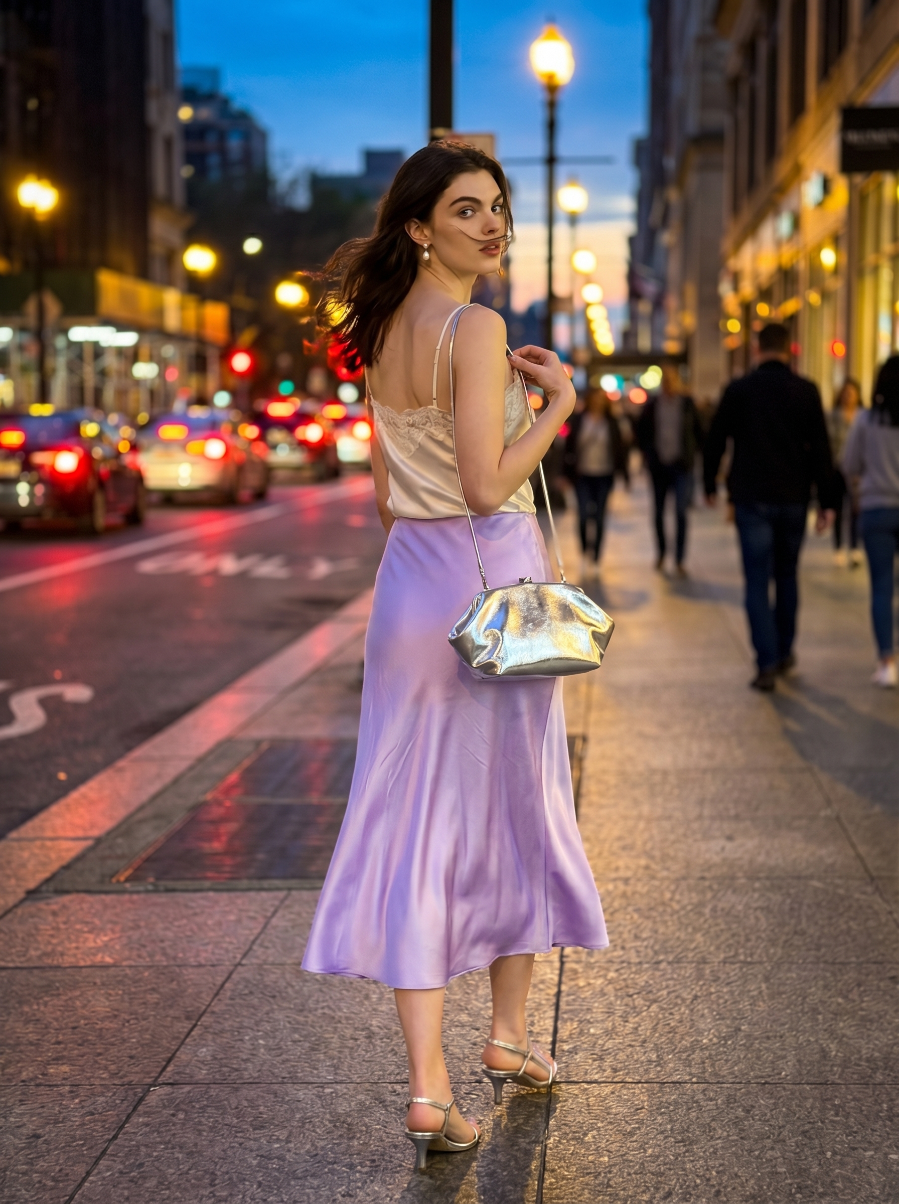 An elegant outfit featuring a soft lavender satin midi skirt and a white silk camisole, perfect for a dinner date. This light summer color palette 2026 is complemented by silver kitten heels and pearl earrings.