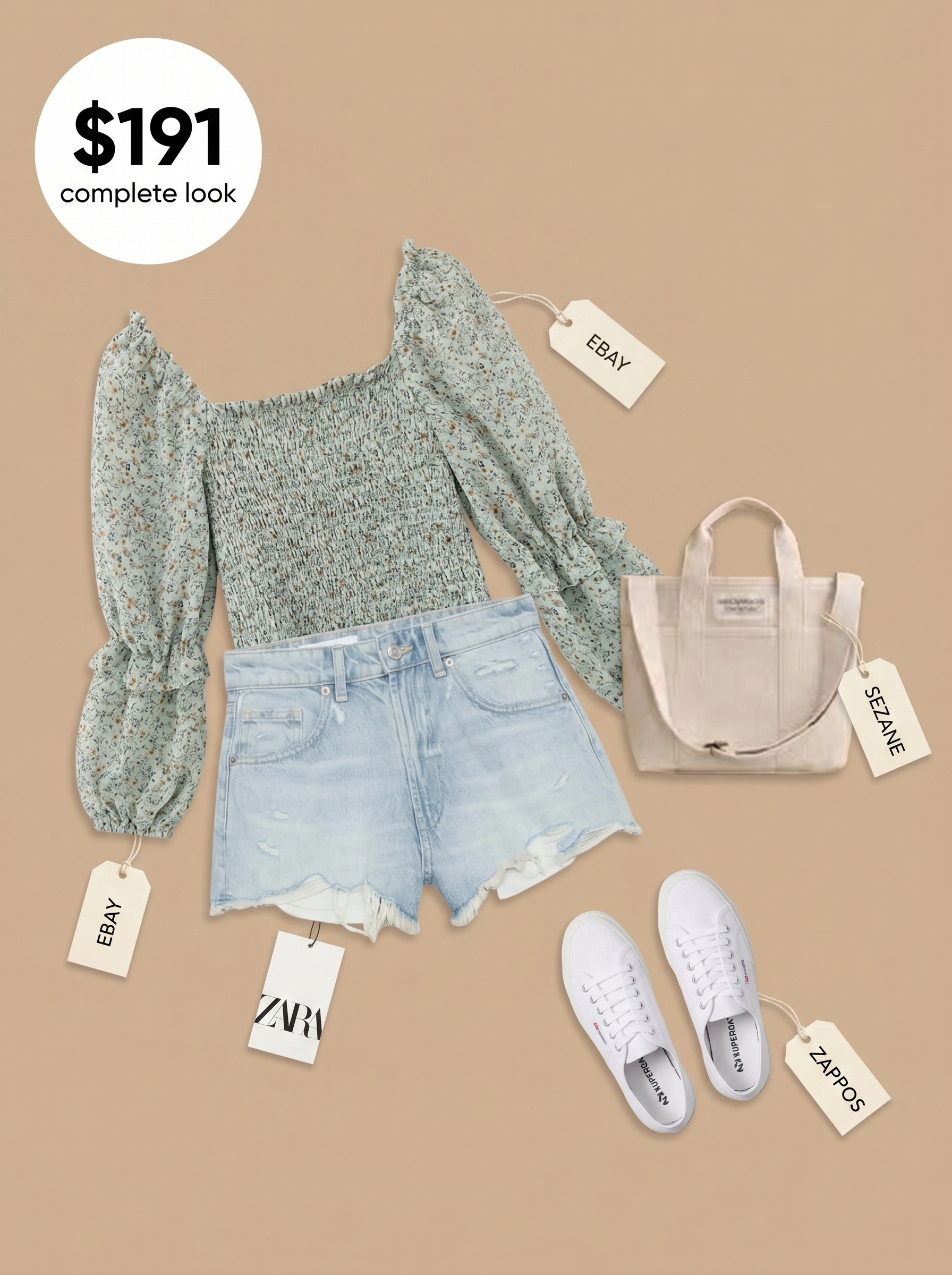 A playful and fresh outfit featuring a mint green smocked off-the-shoulder crop top and light wash denim shorts, perfect for a casual day out. This light summer color palette 2026 is completed with white sneakers.
