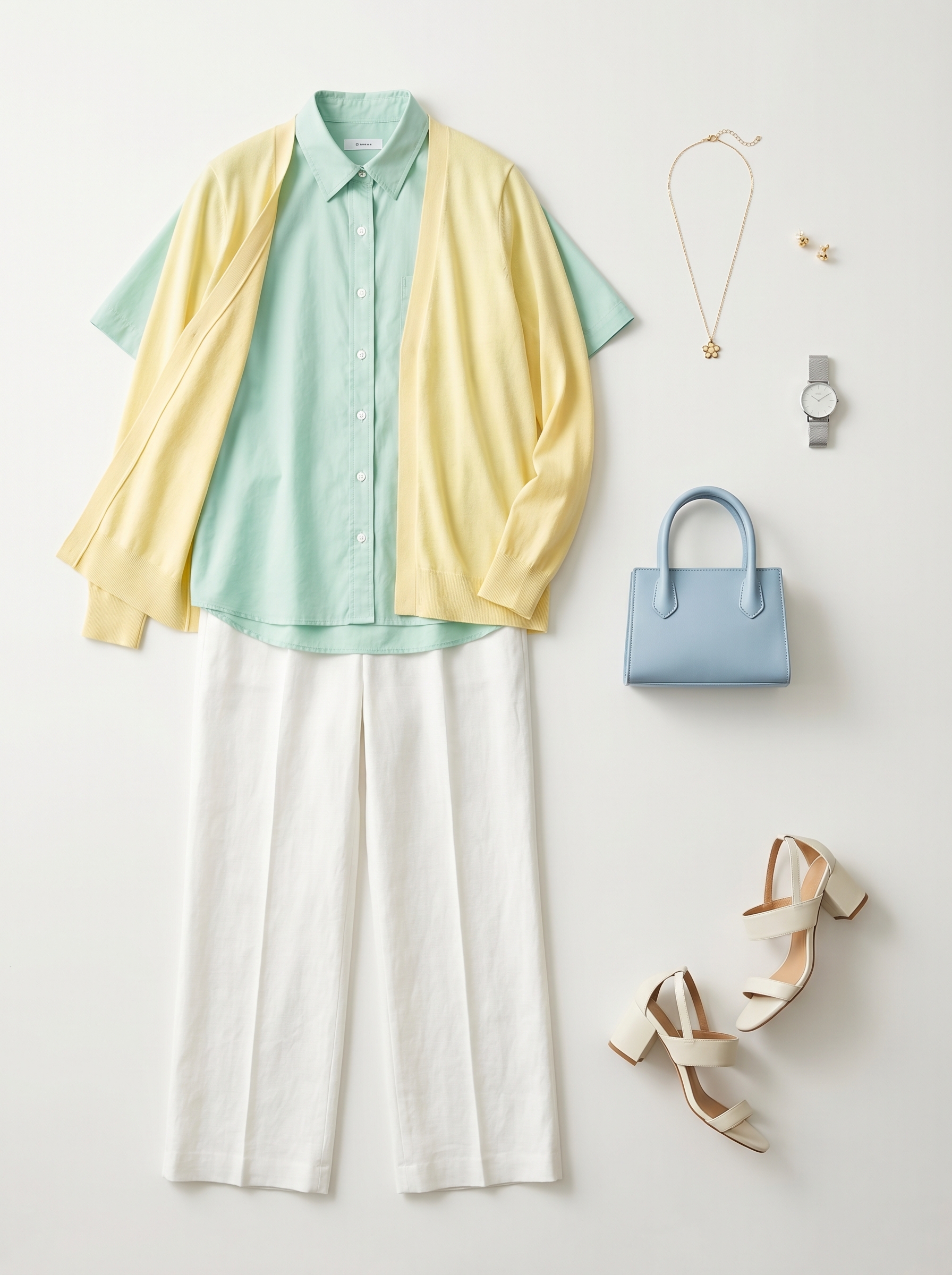 Chic brunch outfit in mint green and white, showcasing a tailored short set, white flat mules, and a gold chain crossbody bag, aligning with a light summer color palette 2026.
