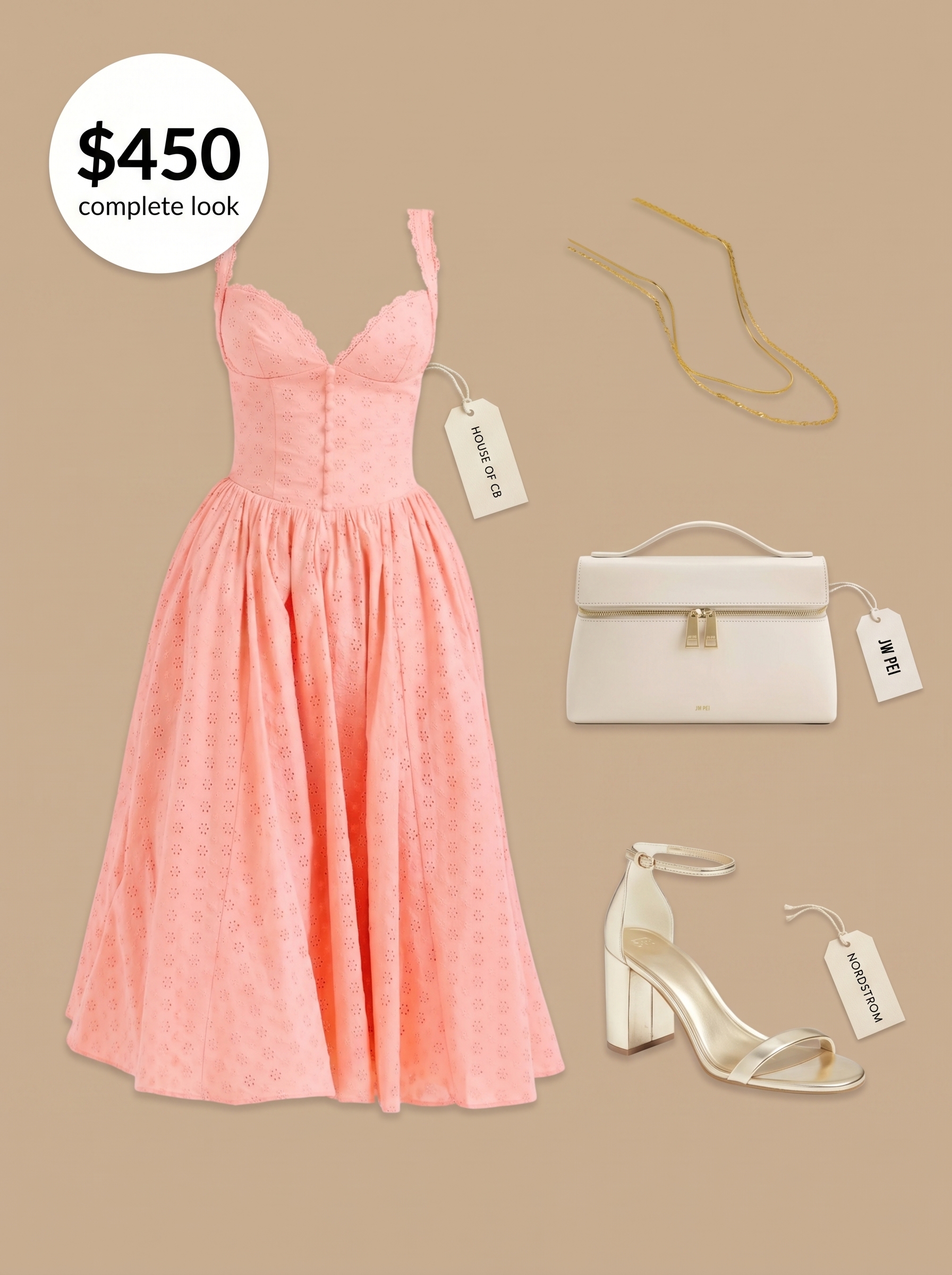 Romantic soft peach flowy midi dress with gold strappy heels and an ivory mini top-handle bag, perfect for a summer wedding guest, highlighting a light summer color palette 2026. Delicate layered gold necklaces finish the look.