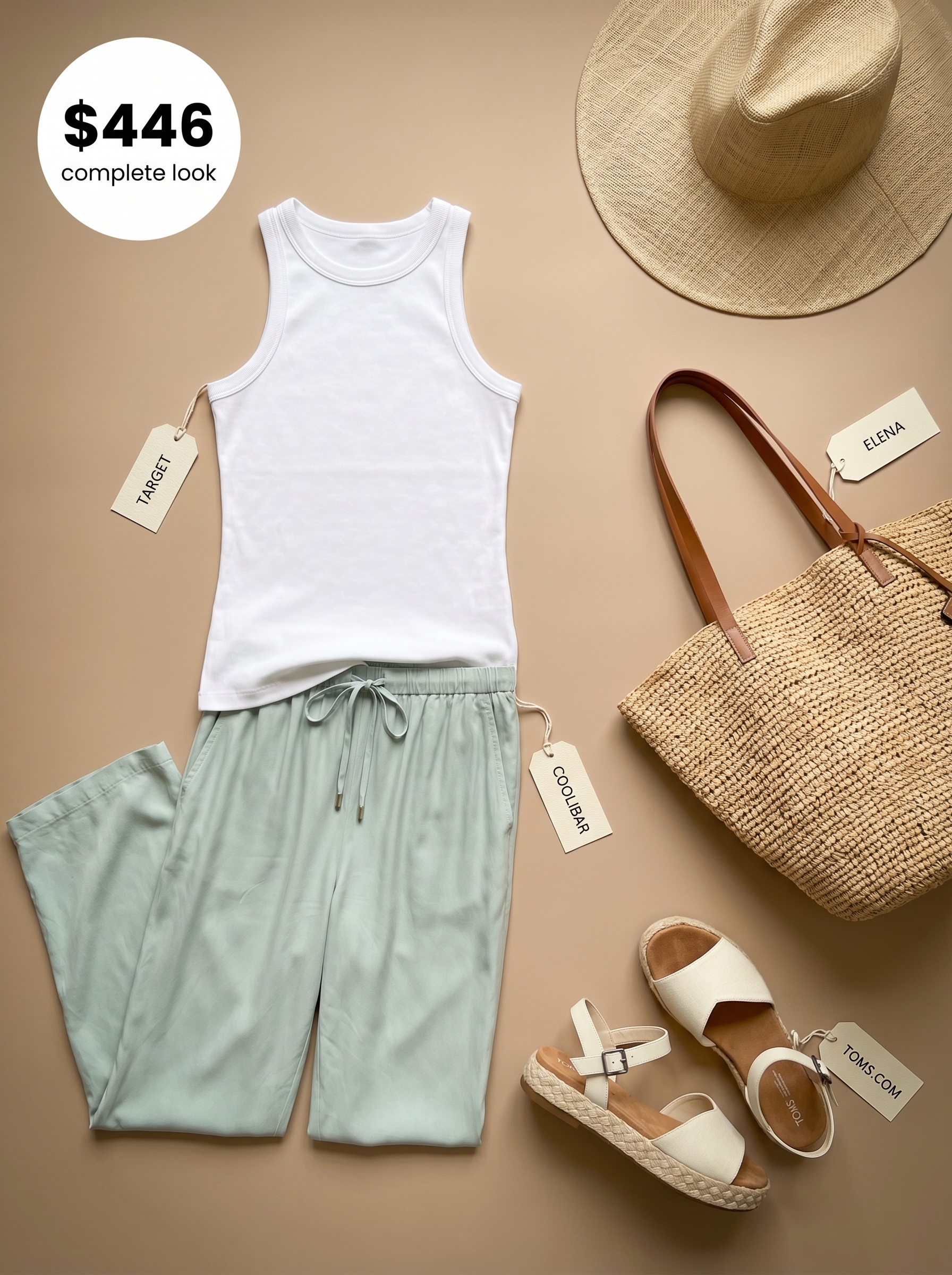 Relaxed vacation outfit featuring soft aqua wide-leg pants, a white tank top, and natural espadrille sandals, showcasing a light summer color palette 2026. Accessorized with a woven tote bag and wide-brim straw hat.
