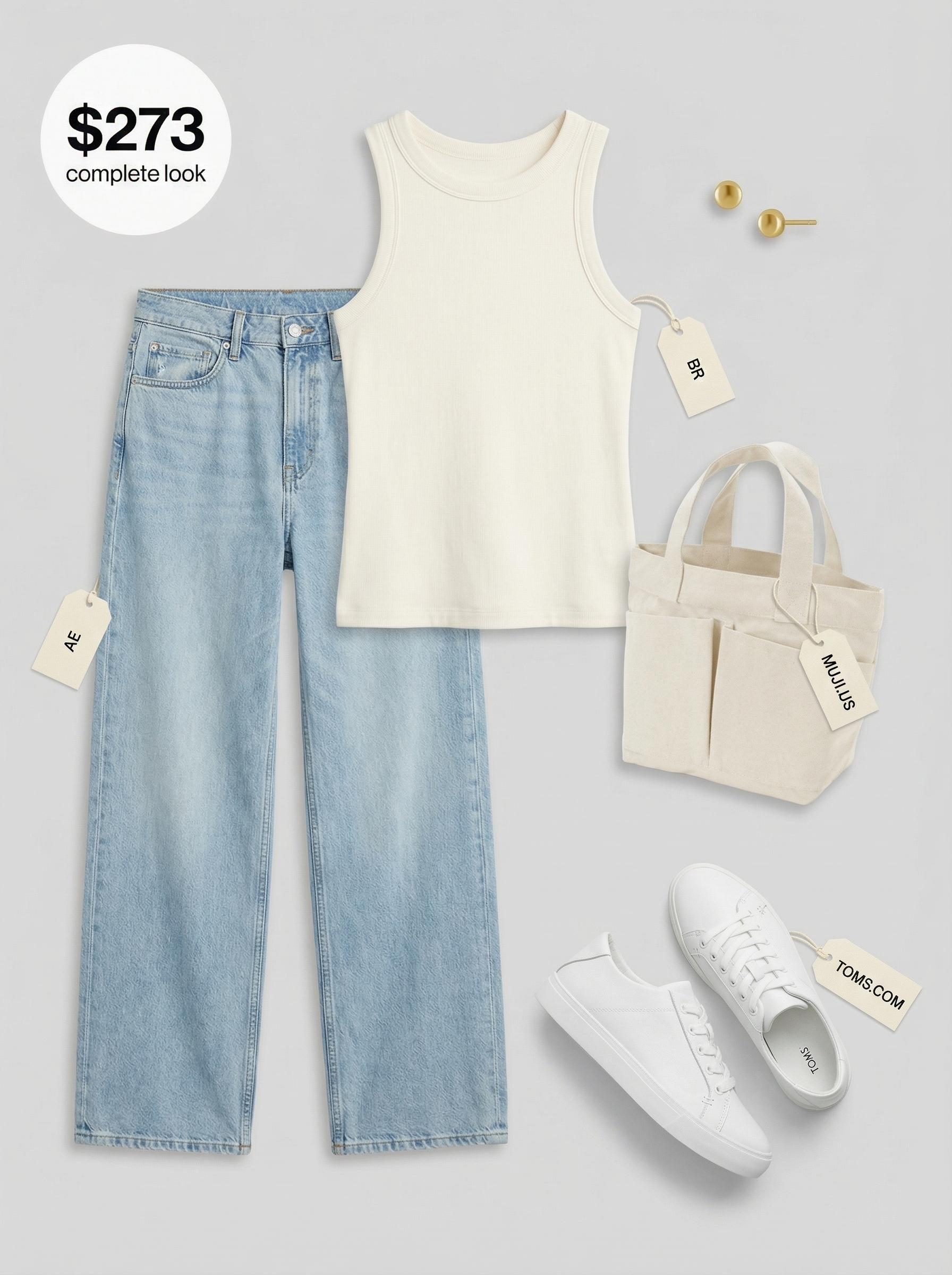 Relaxed New York summer outfit for Brooklyn brunch vibes, featuring wide-leg jeans, a cream ribbed tank top, and white leather sneakers.