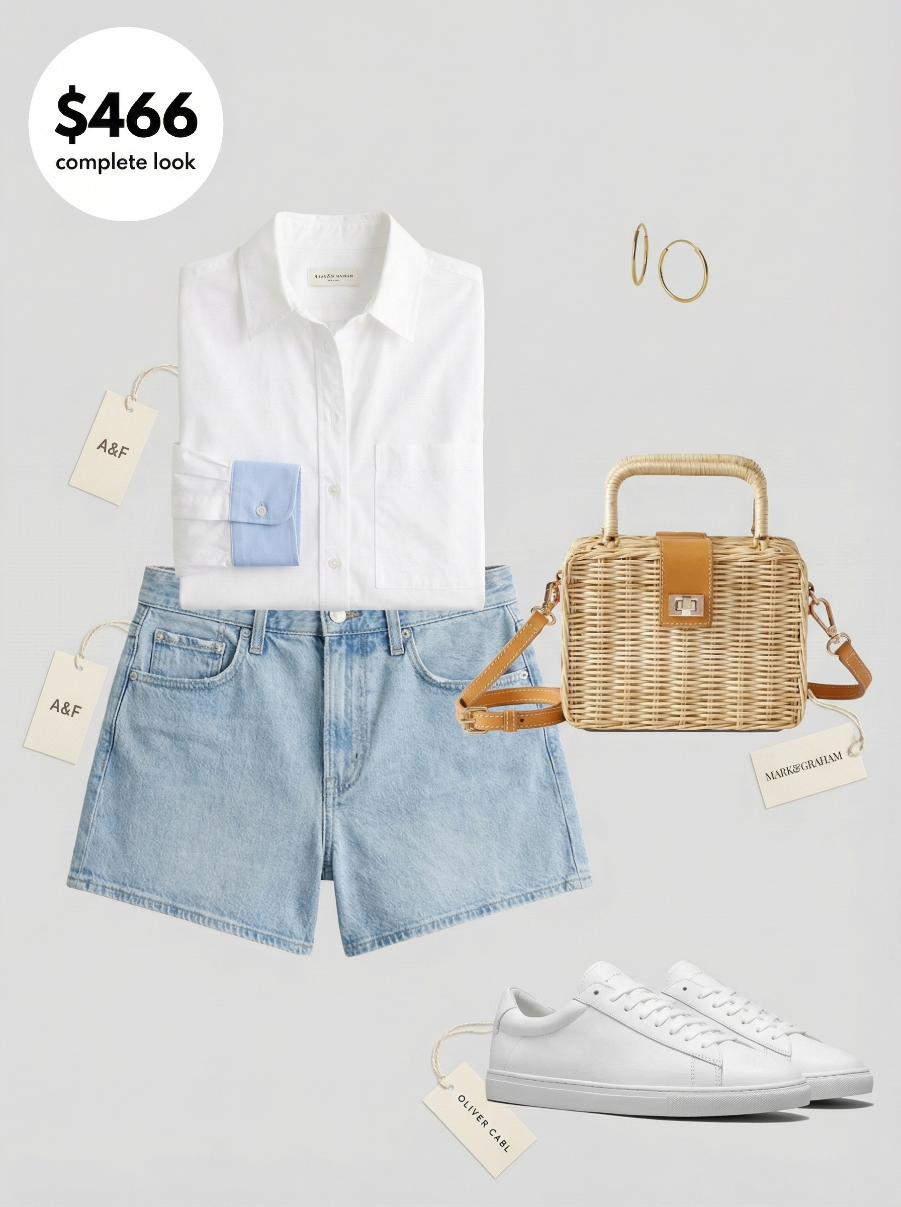 Effortless white oversized button-down with light wash denim shorts, a comfortable new york summer outfit for a Brooklyn stroll.