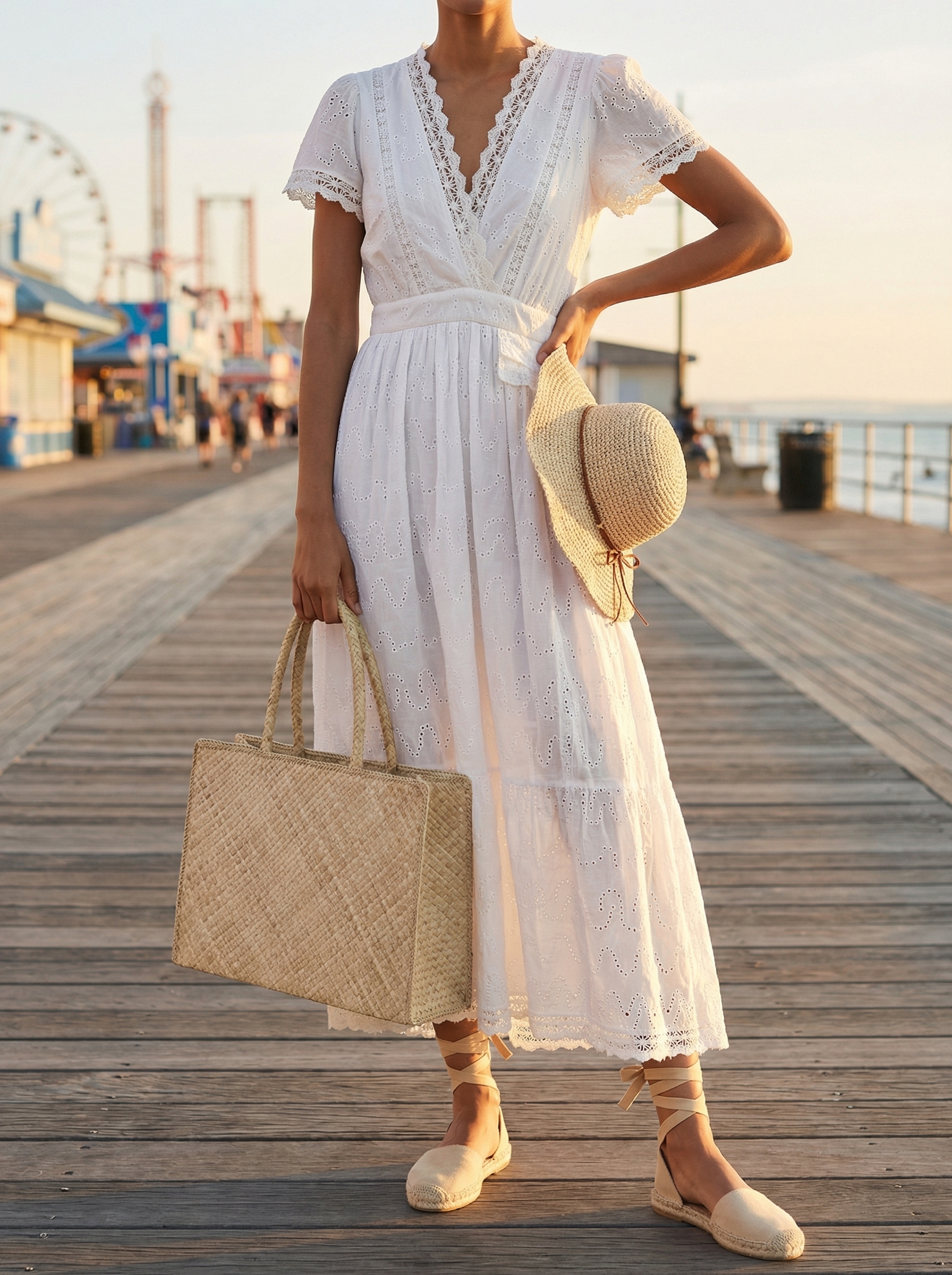 Relaxed New York summer outfit for a beach day featuring a flowy white maxi dress, flat espadrille sandals, and a wide-brim straw hat.