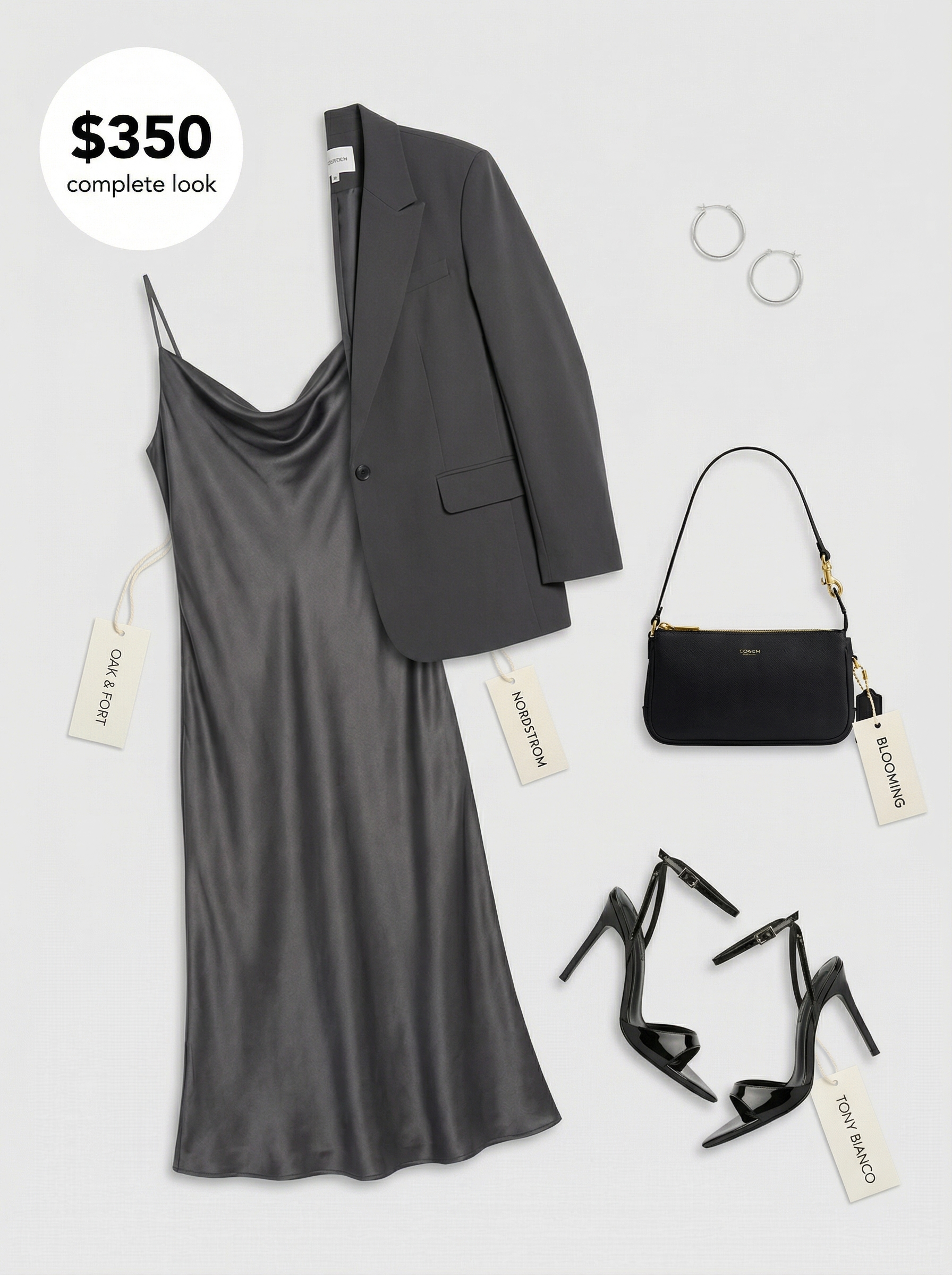 Chic black satin midi slip dress with a charcoal oversized blazer, perfect for new york summer outfits at an art gallery opening.