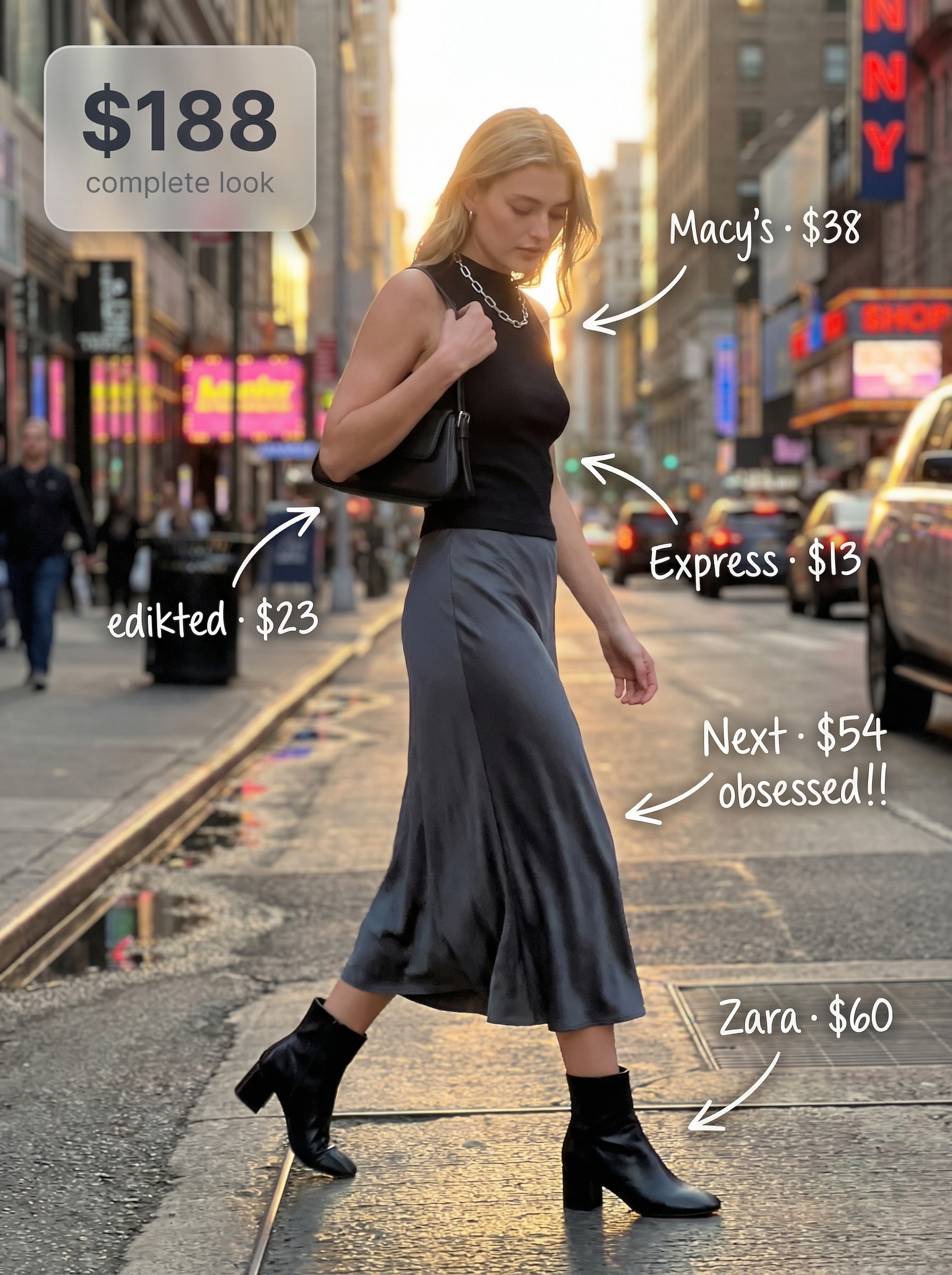 Edgy black ribbed mock neck top with a charcoal satin midi slip skirt, a chic new york summer outfit for a Lower East Side evening.