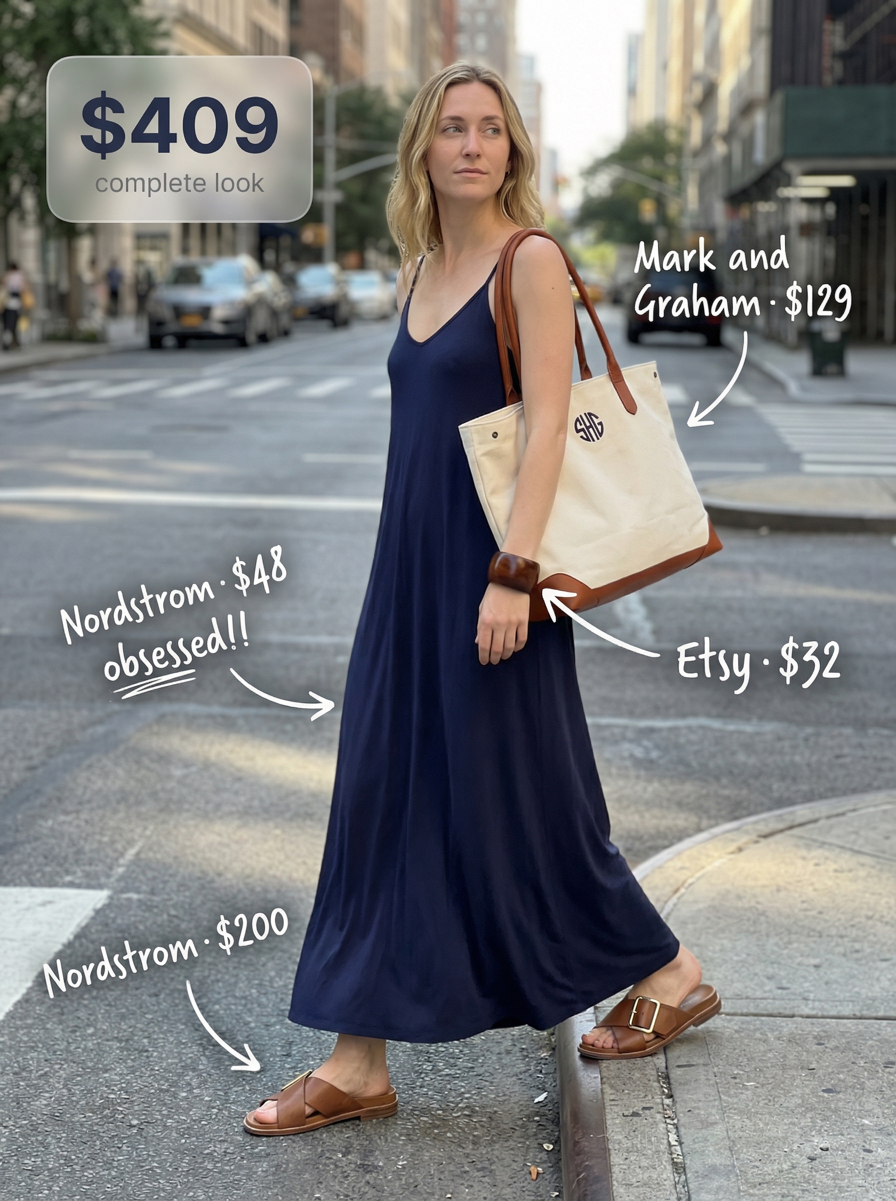 Artistic New York summer outfit for a museum day with a navy flowy maxi dress, brown leather sandals, and a large canvas tote bag.