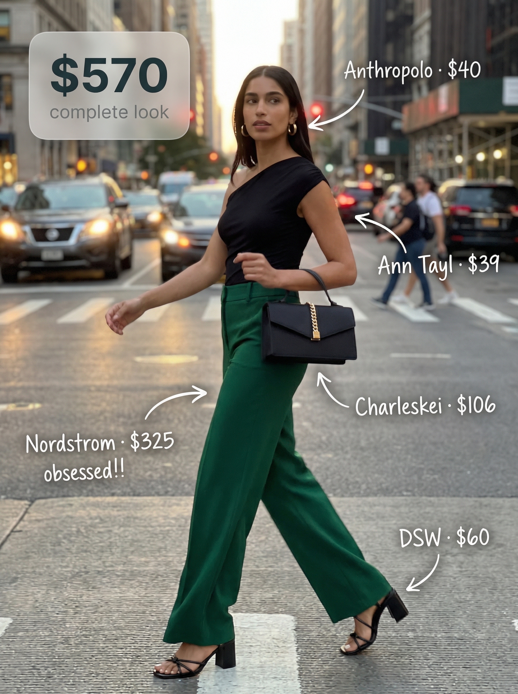 Bold New York summer outfit for rooftop drinks, featuring emerald green wide-leg pants, a black one-shoulder top, and gold hoop earrings.