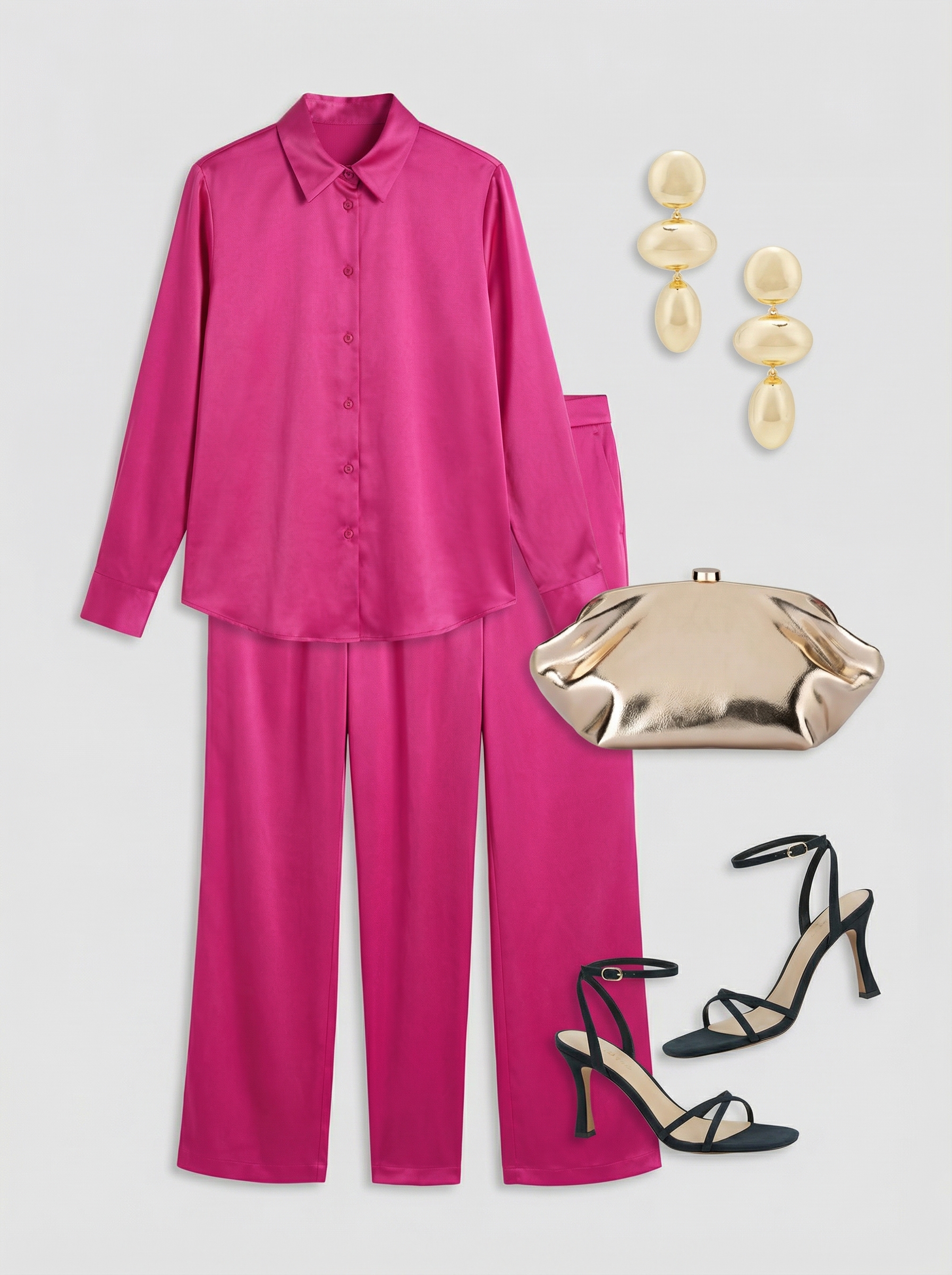 Vibrant hot pink satin matching set with black strappy heels, a glamorous new york summer outfit for rooftop drinks.