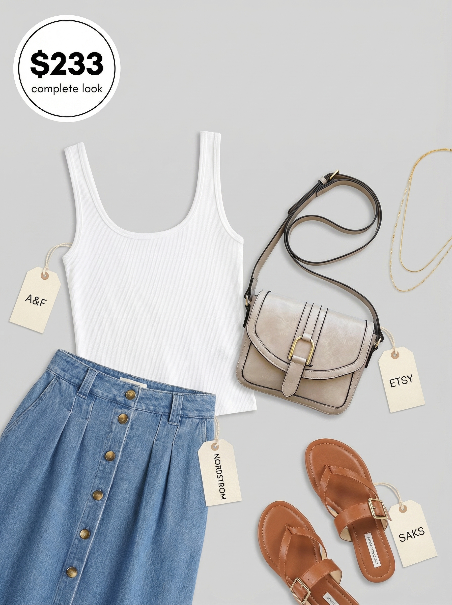 Effortless chic New York summer outfit for a SoHo stroll, featuring a light wash denim midi skirt, white ribbed tank top, and tan slide sandals.
