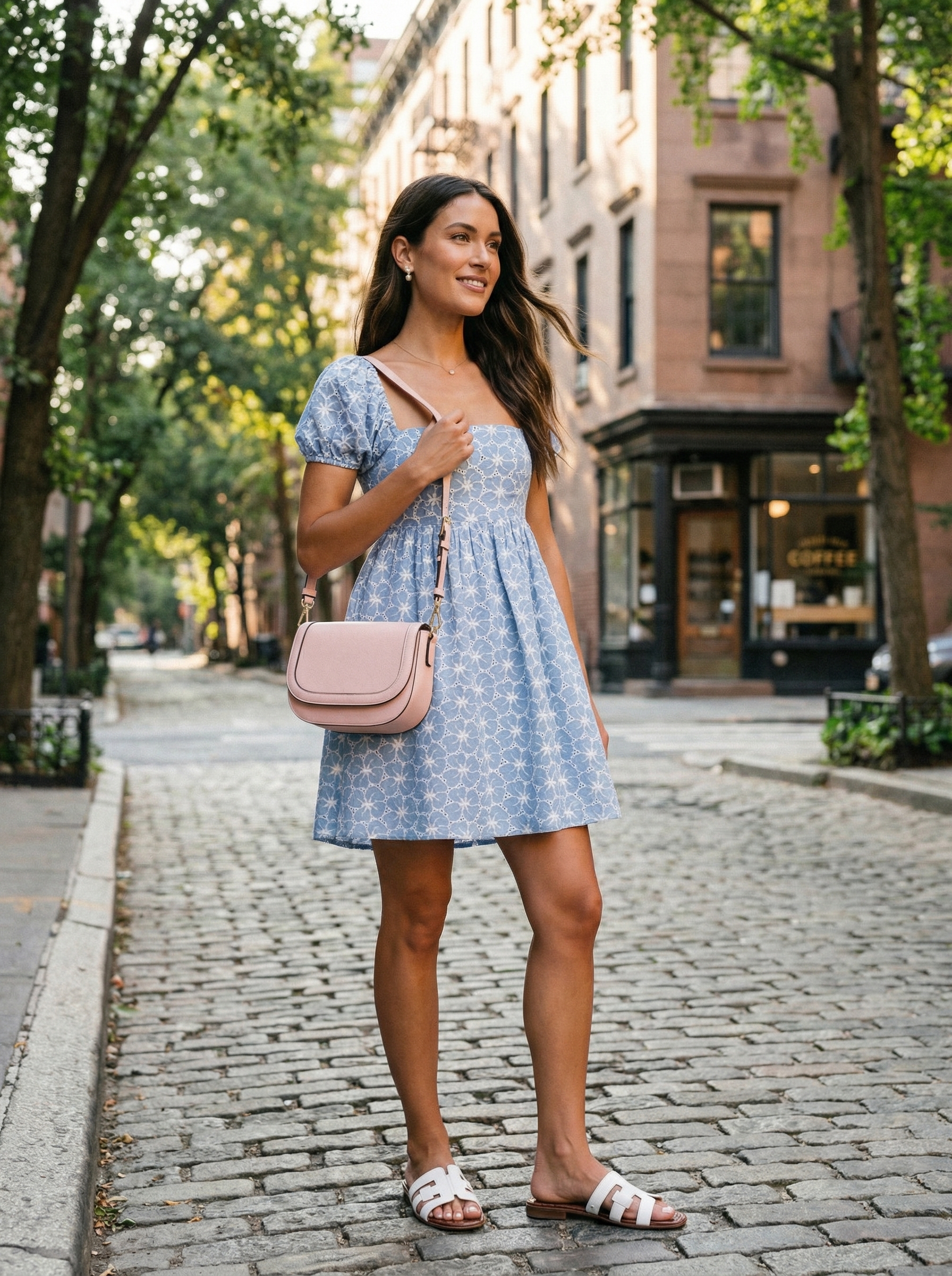 Sweet New York summer outfit for a coffee run featuring a light blue babydoll mini dress, white flat sandals, and a blush pink crossbody bag.