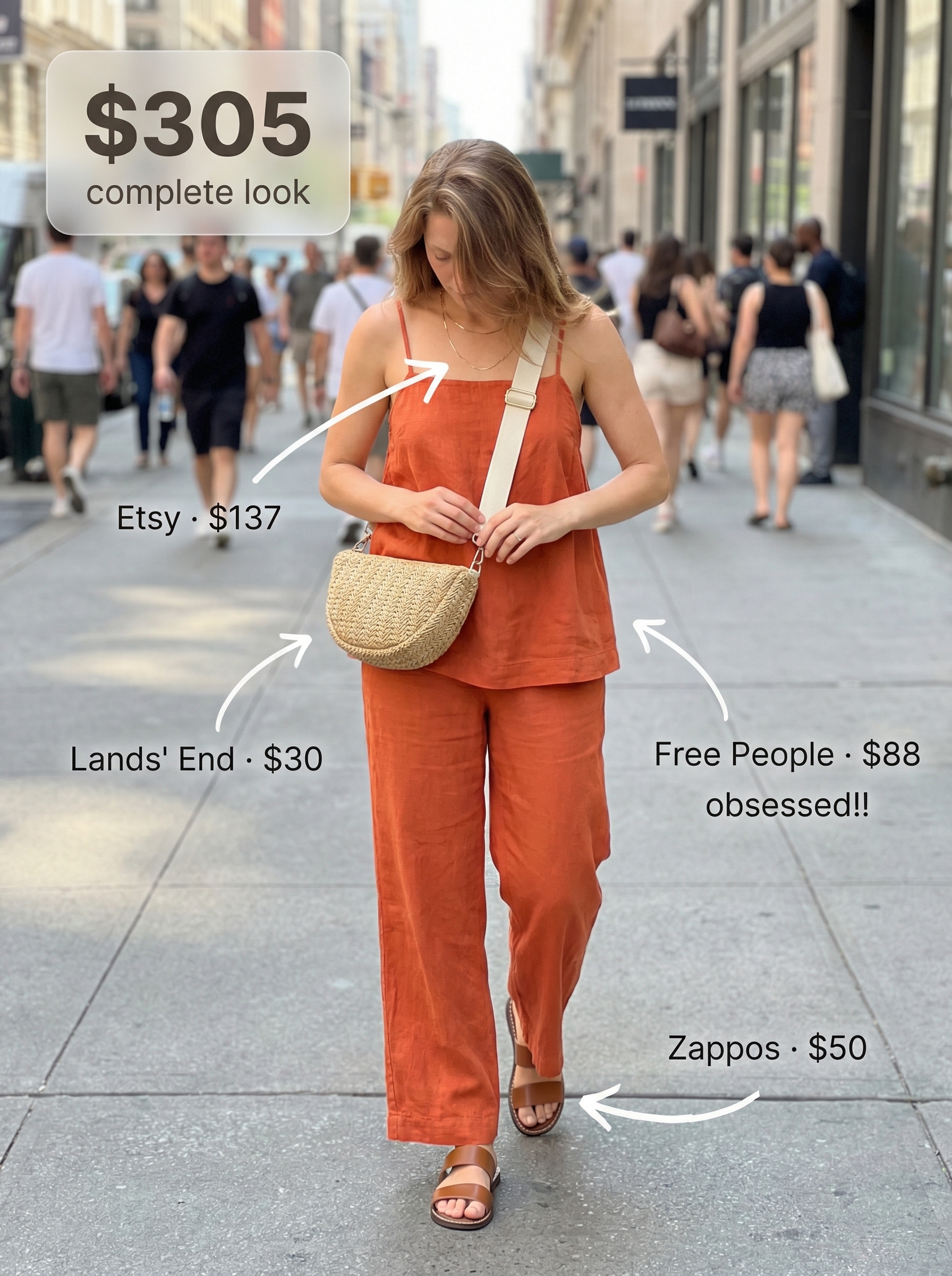 Effortless New York summer outfit for a West Village wanderer, featuring a terracotta two-piece matching set, tan slide sandals, and a woven straw bag.