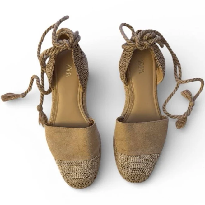shoes Beige Braided Tie Espadrille Sandals Canvas Ankle Strap Flat Summer eBay $20