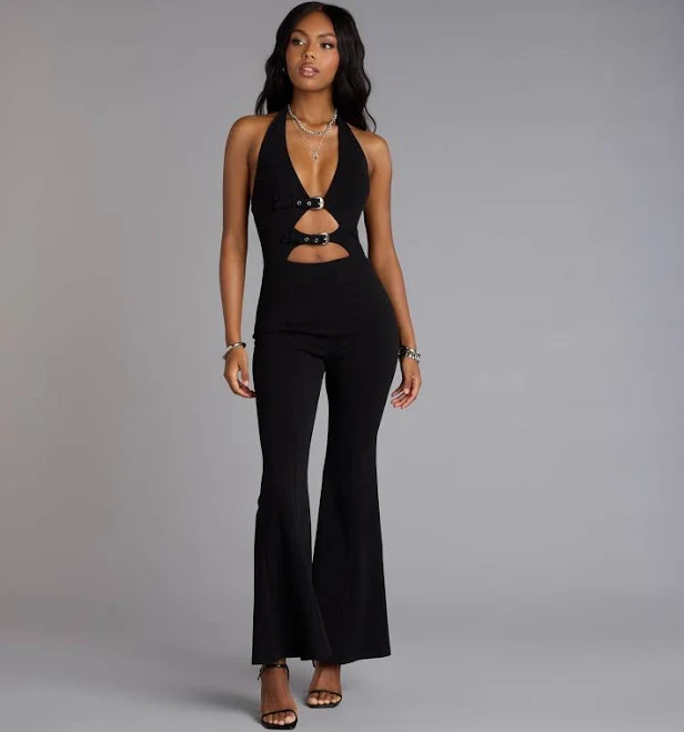 jumpsuit Double Dare Belted Cutout Flared-Leg Jumpsuit Windsor $62.9
