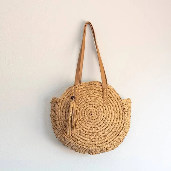 bag Elena Straw Woven Round Tote with Leather Strap Elena Handbags $45