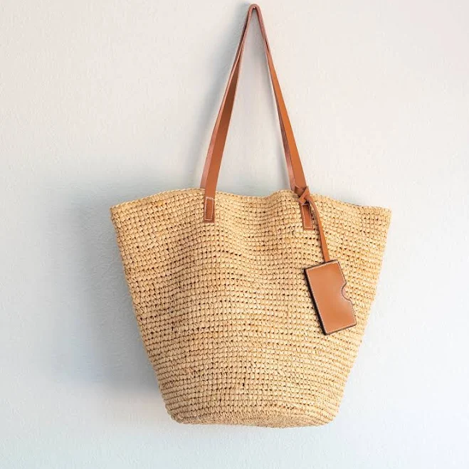 bag Elena Women's Large Raffia Woven Straw Tote with Genuine Leather Straps Elena Handbags $115