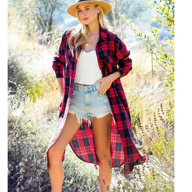top Flannel Plaid Longline Duster Anemoia Mercantile $46
