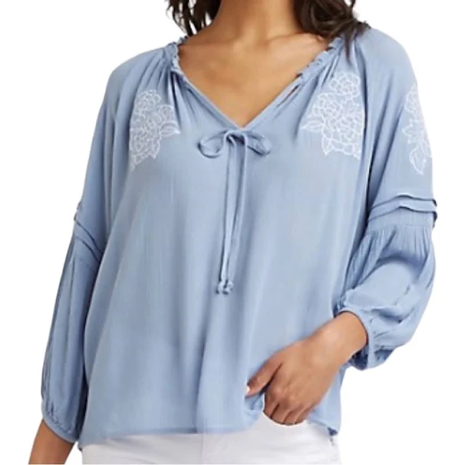 top Floral Embroidered Peasant Blouse with Tie Neck and Balloon Sleeves Poshmark $18