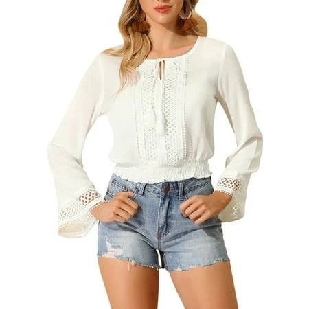 top Inspire Chic Women's Tops Bell Sleeves Boho Lace Eyelet Smocked Waist Peasant Blouse Walmart - Tasharina Corp $29.99