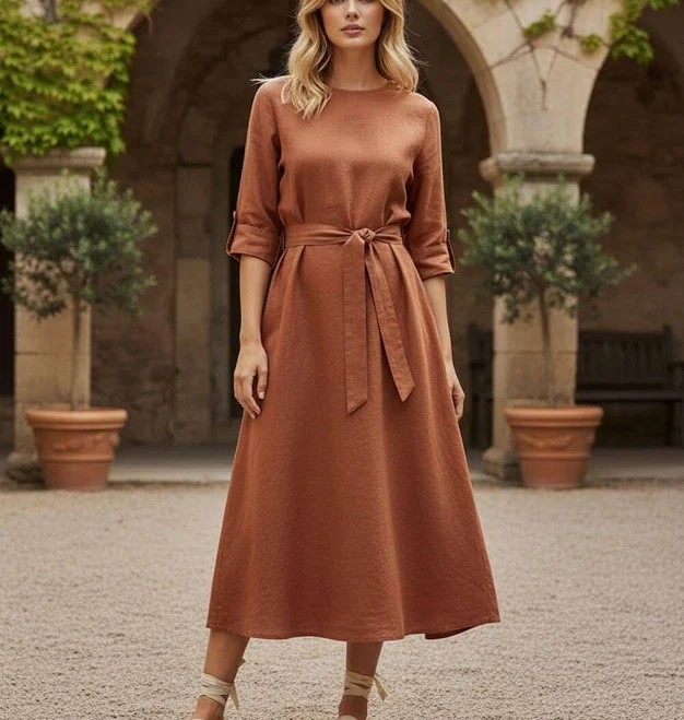 dress Minimalist Linen Tie Waist Belted Midi Dress Etsy - Seller $101.4