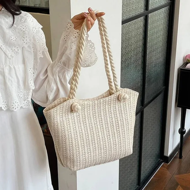 bag Natural Beige Woven Tote Bag With Rope Handles Luulla $12