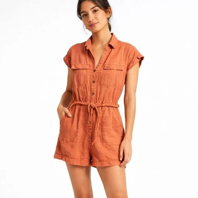romper Nicole Miller Linen Romper Xs Orangeterracota Utility Belted Button eBay $26.97