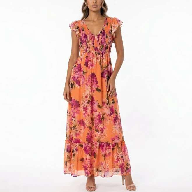 dress PEACH FLORAL MAXI DRESS – V-NECK FLUTTER SLEEVE SMOCKED BOHO DRESS Peach / 14 Kelly Grace Brands $139