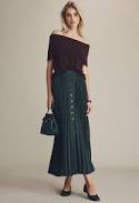 skirt Pleated Button-Front Midi Skirt by Maeve in Green, Size: Large at Anthropologie Anthropologie $119.95