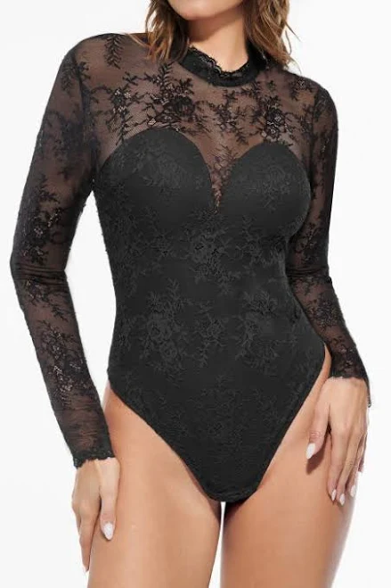 top Popilush Shapewear Mock Neck Long Sleeve Floral Lace Bodysuit in Midnight Black at Nordstrom, Size Large Nordstrom $69